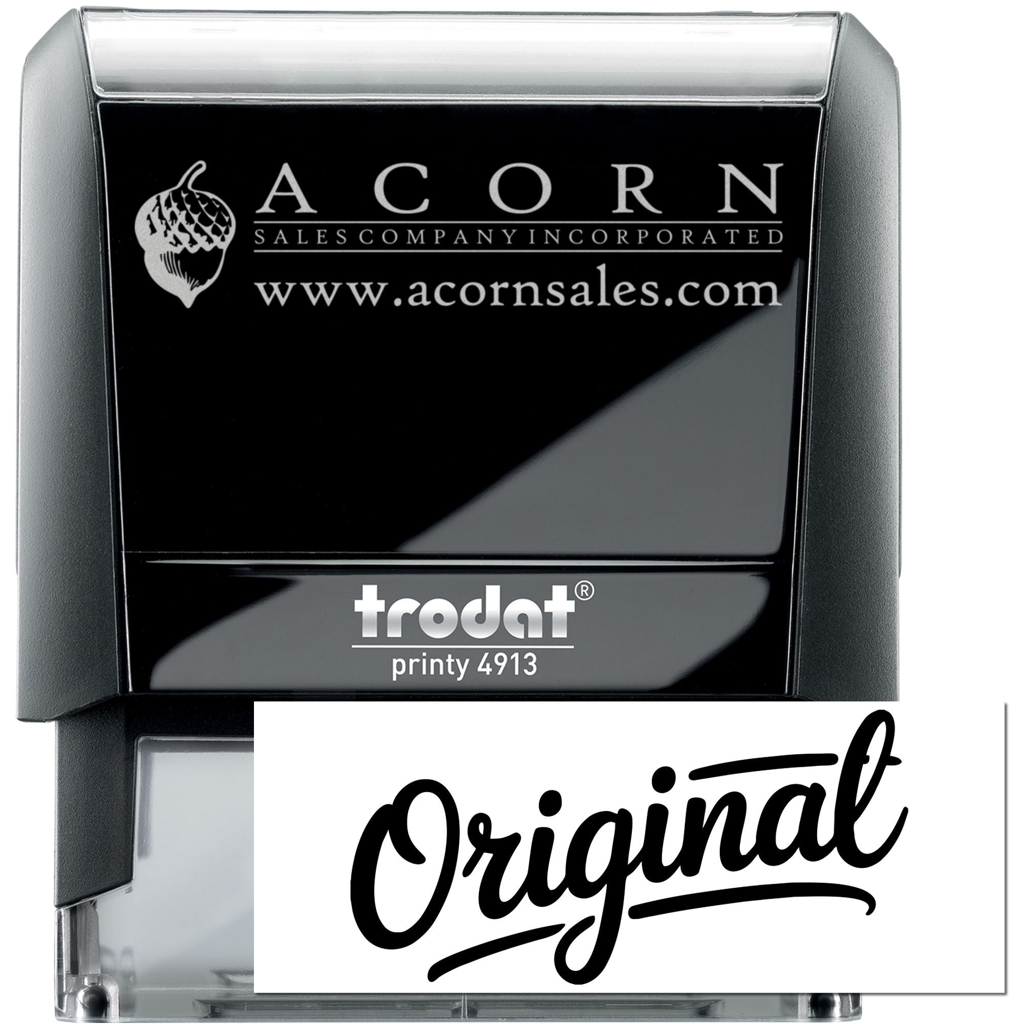 Custom business rubber stamp, Trodat Printy 4913, with Acorn Sales logo and website imprint and original stamp design.