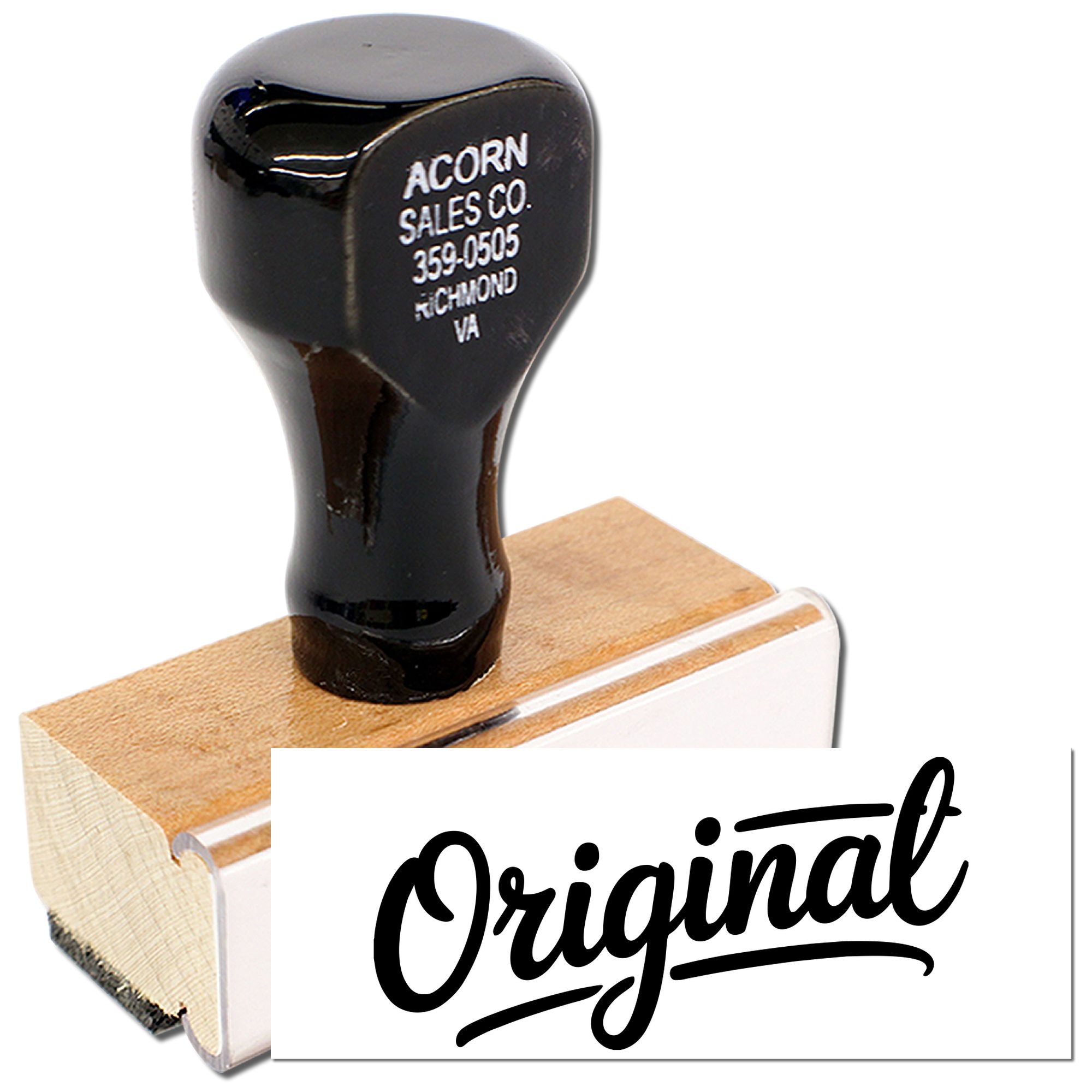 Wood handle rubber stamp with Original script imprint, ideal for business branding and document marking.