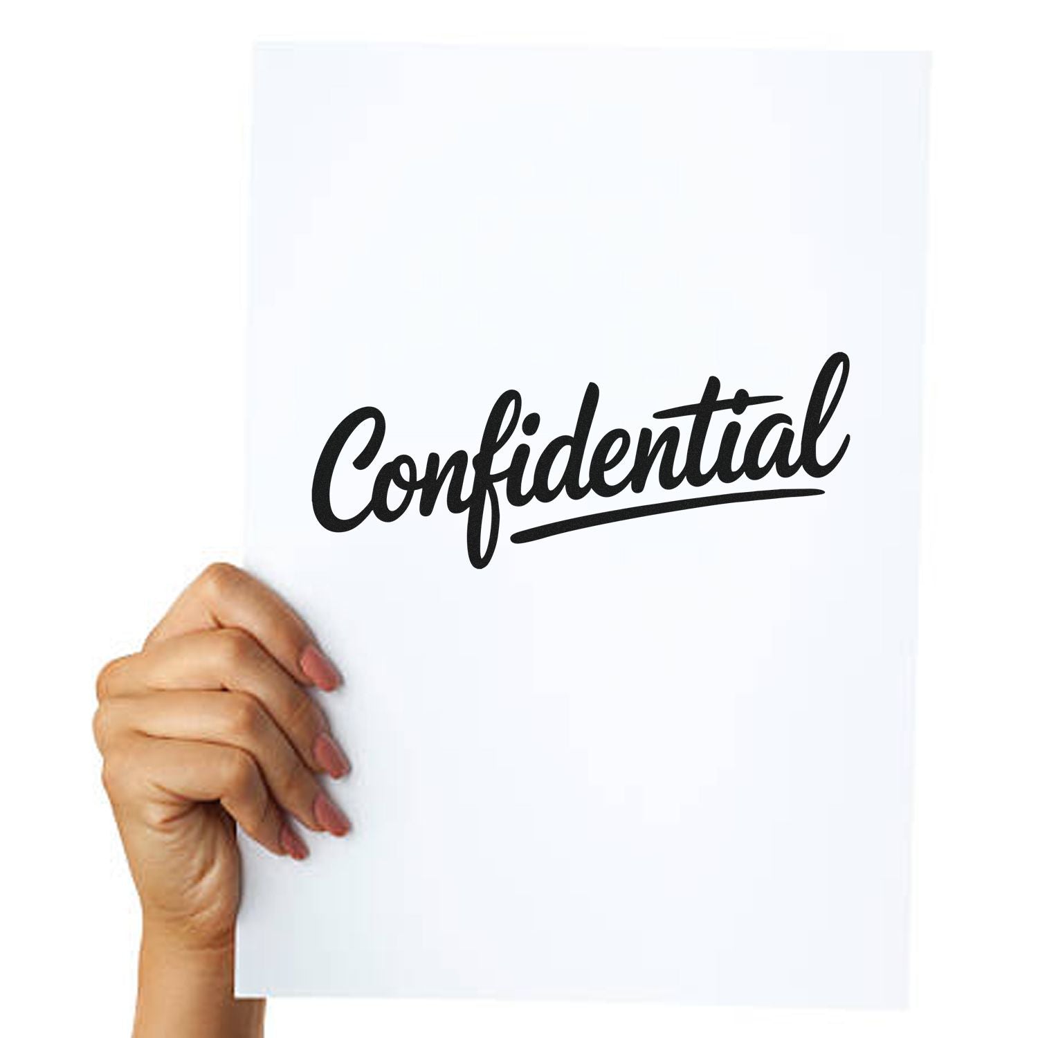 Confidential rubber stamp on document held in hand for secure office files and private paperwork.