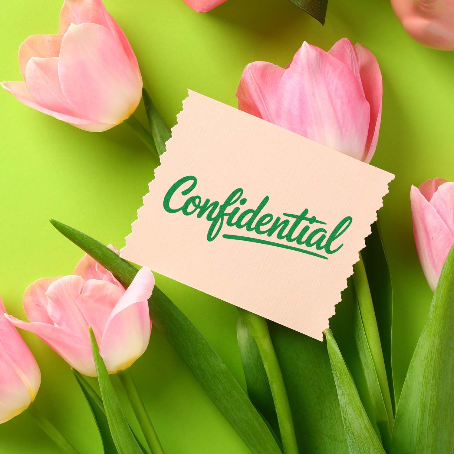 Confidential rubber stamp design with pink tulips on a green background