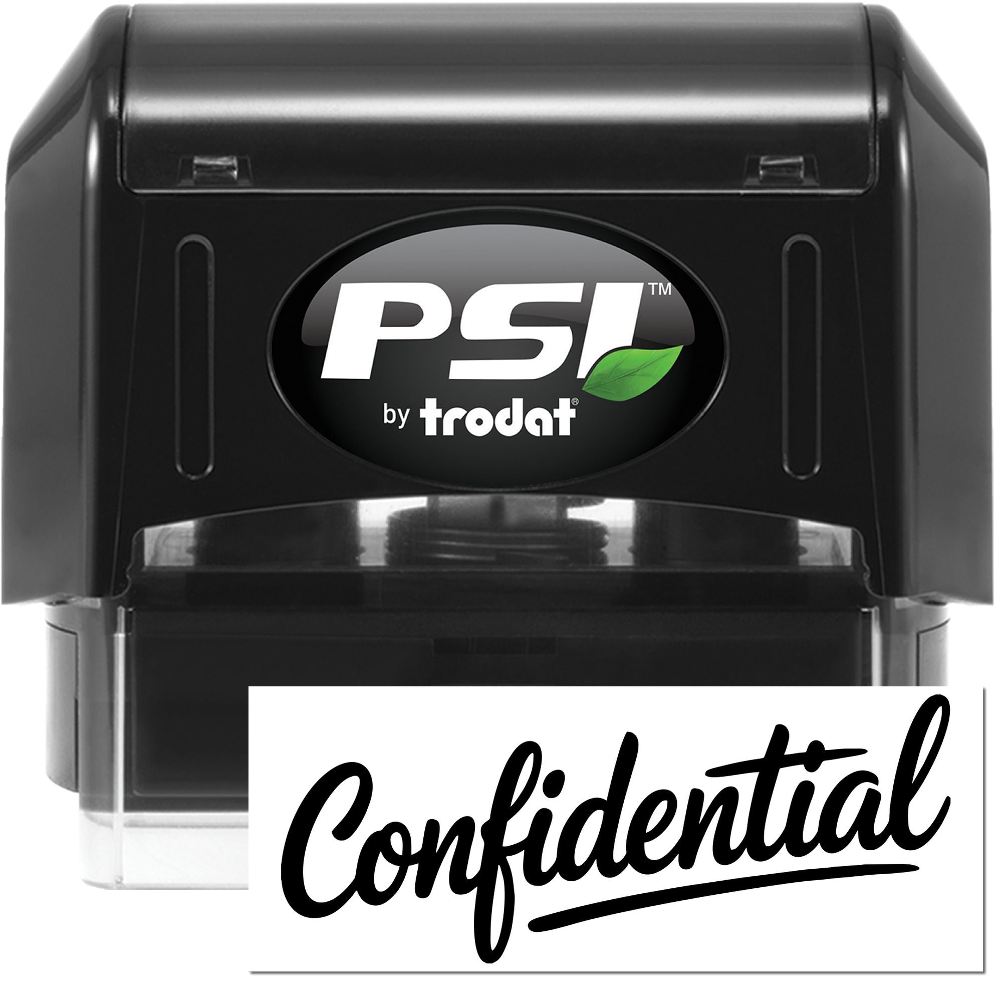 PSI by Trodat self-inking rubber stamp with Confidential imprint for marking sensitive office documents.