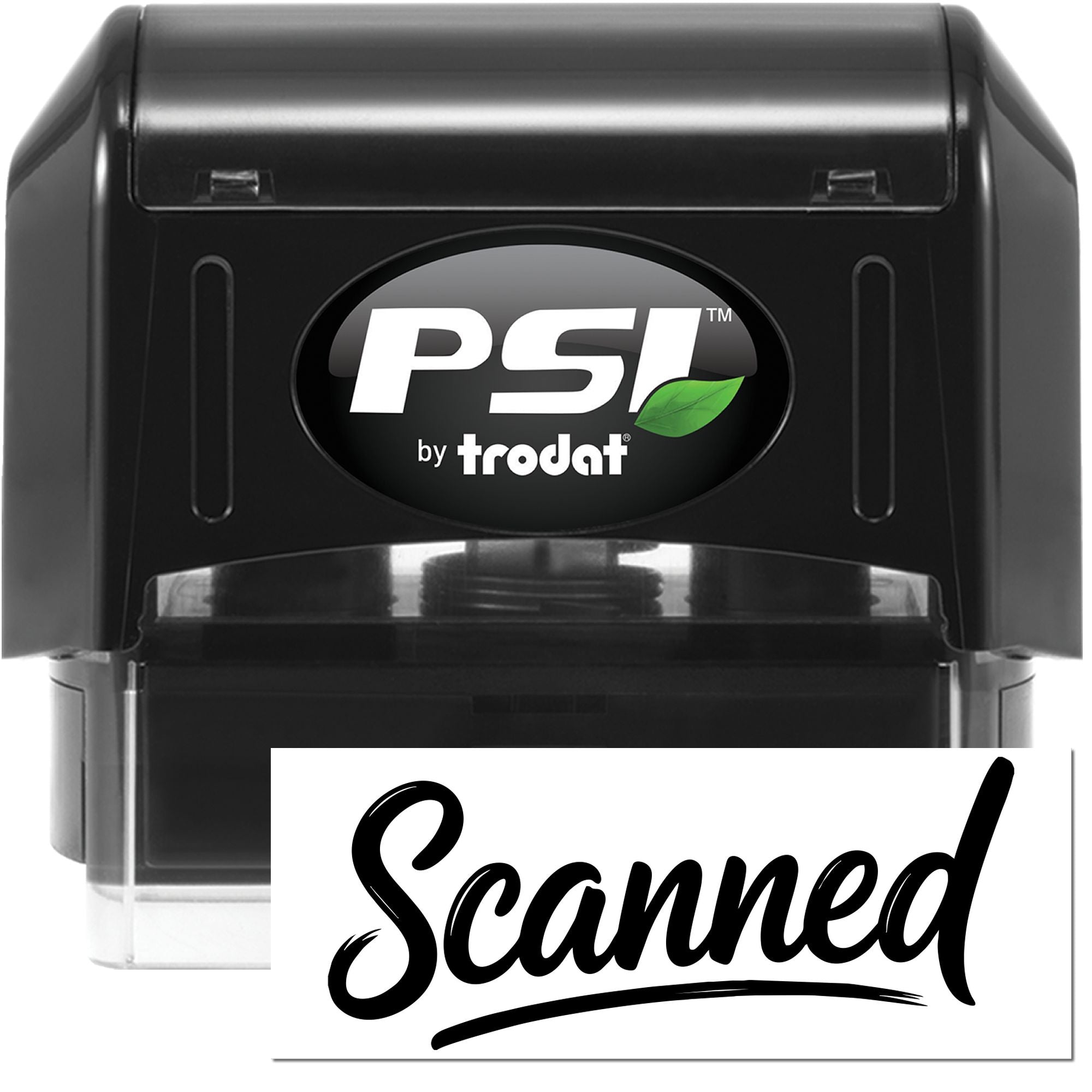 PSI by Trodat self-inking rubber stamp with Scanned imprint for office document processing and file marking.