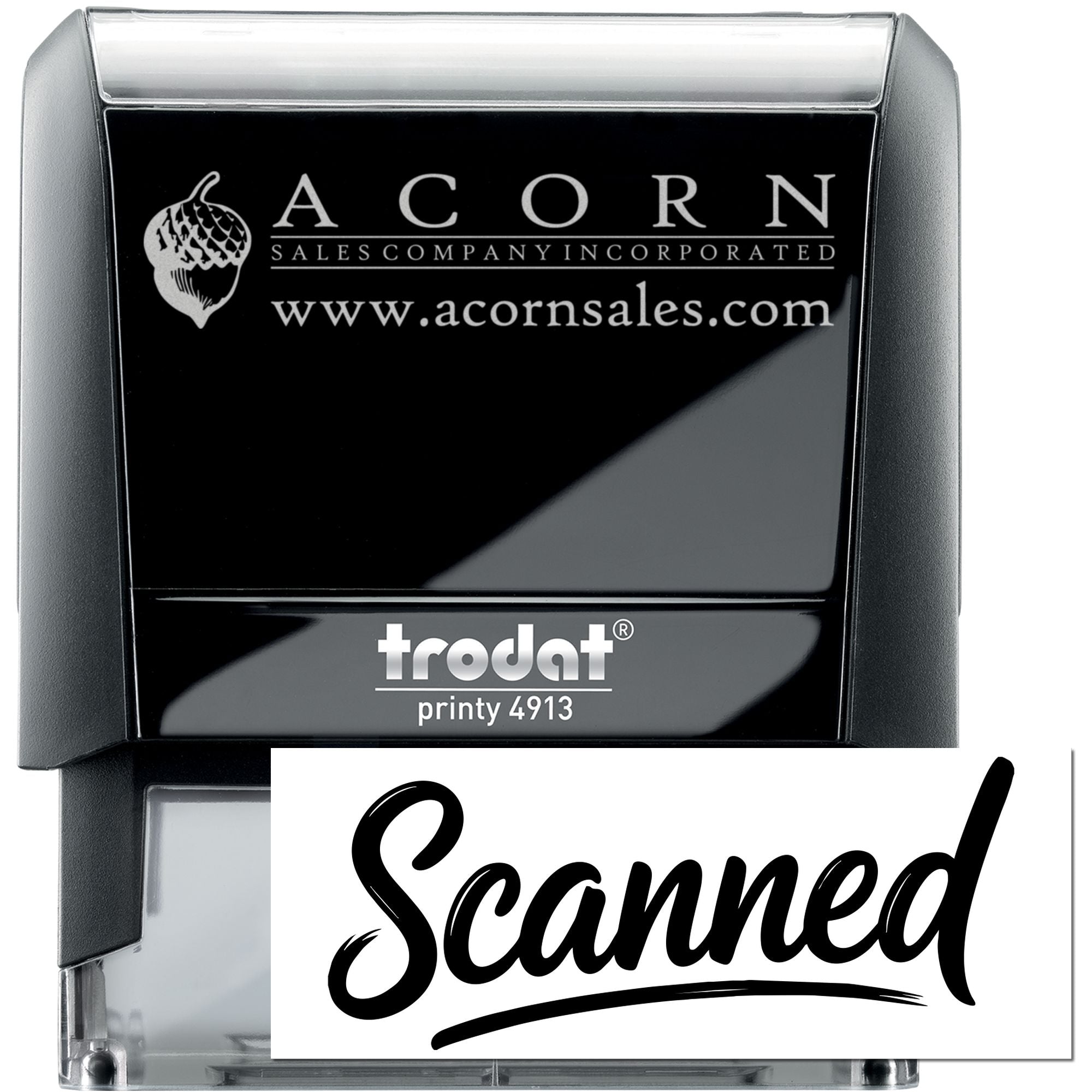 Custom self-inking business rubber stamp, Trodat Printy 4913, with Acorn Sales Company logo, website, and scanned imprint sample.