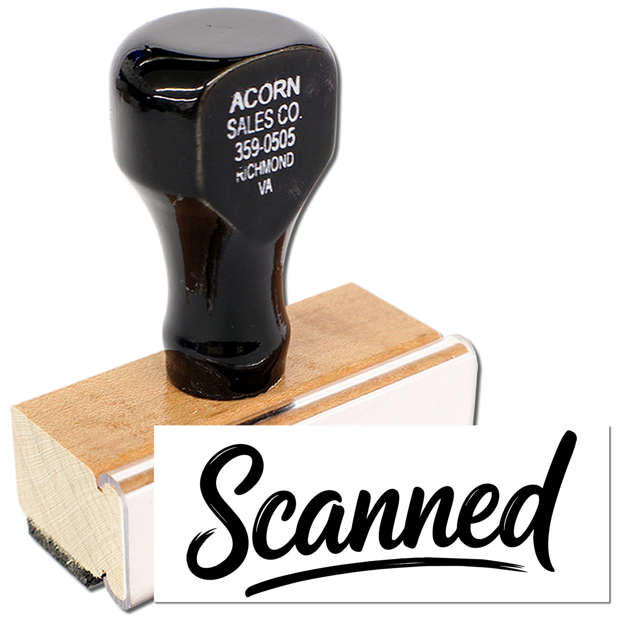 Scanned rubber stamp with wooden handle for quickly marking documents as scanned in office workflows.