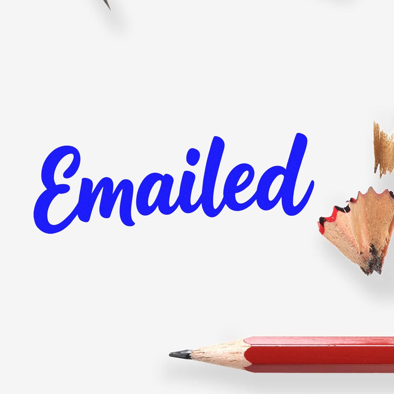 Blue Emailed rubber stamp design with pencil graphic for office documents, mail tracking, and approval workflows.