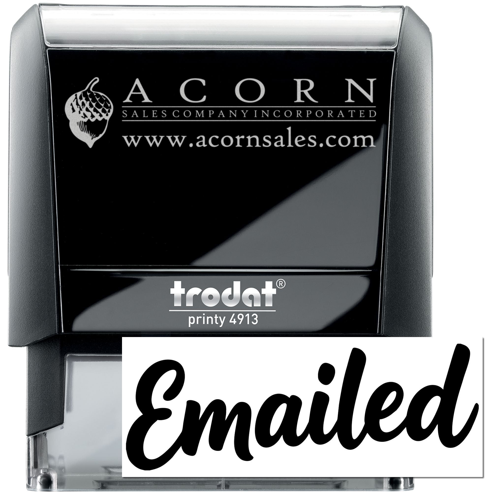 Custom self-inking rubber stamp with Acorn Sales logo and Emailed imprint, Trodat Printy 4913 for office use.