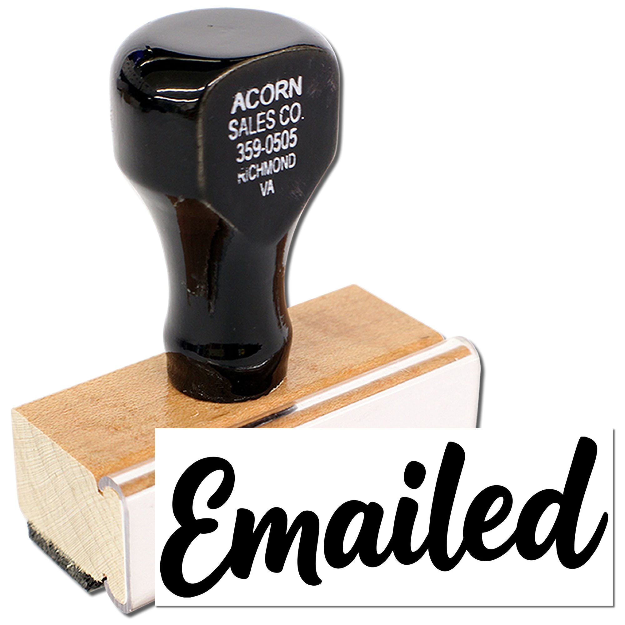 Rubber stamp with Emailed imprint for office mail processing and document tracking.