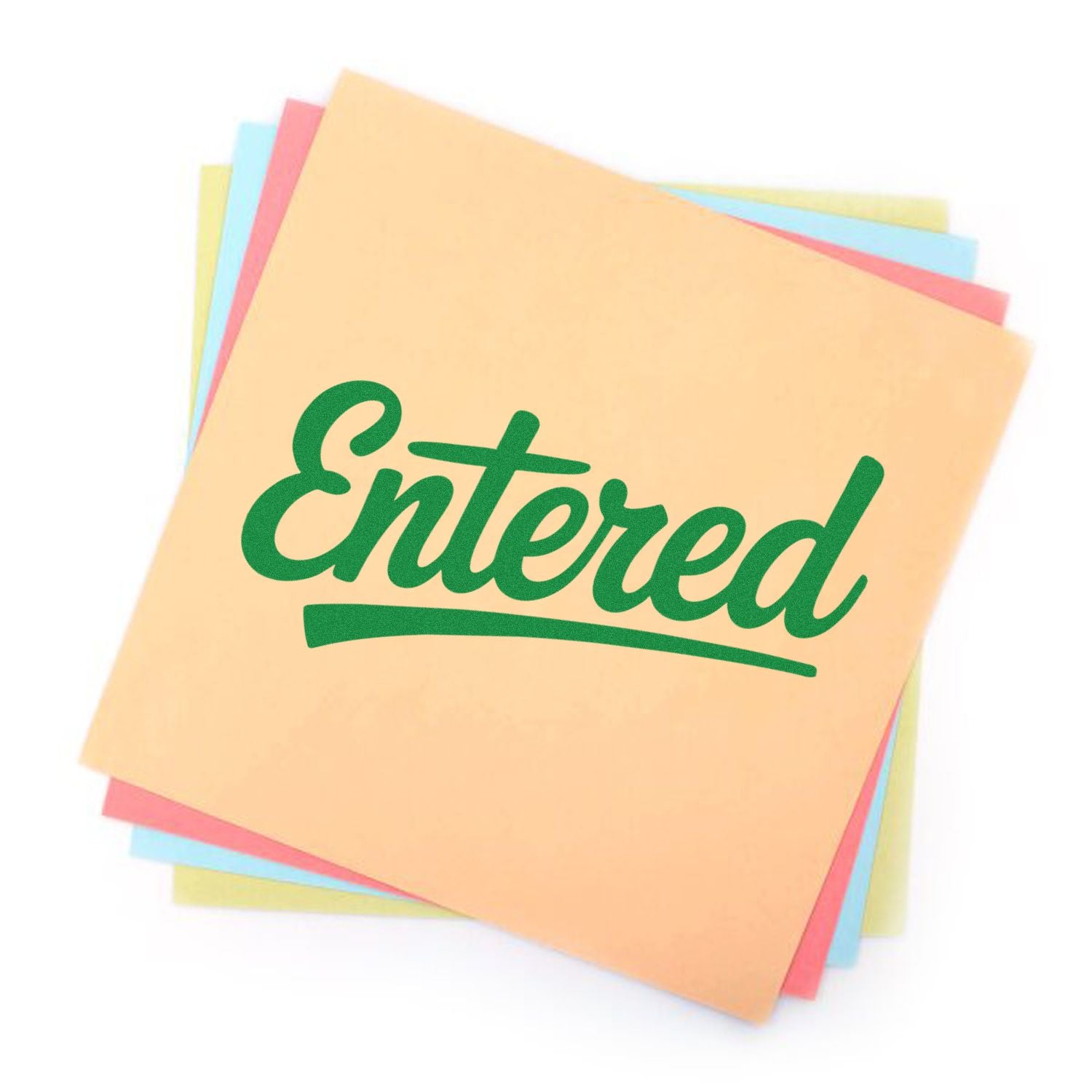 Green Entered rubber stamp on pastel sticky notes for office document tracking and record processing