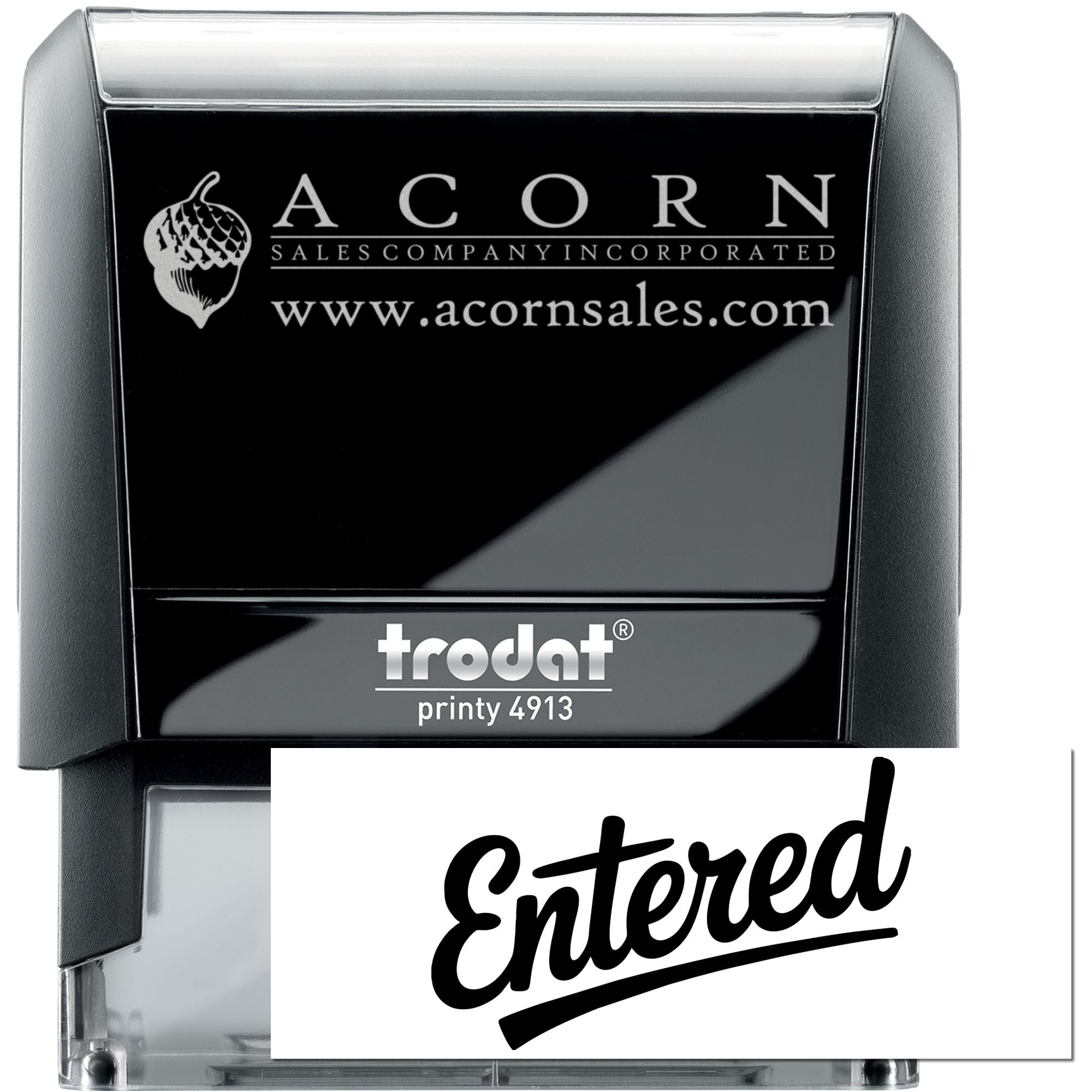 Custom self-inking rubber stamp, Trodat Printy 4913, with ACORN Sales Company logo and Entered imprint