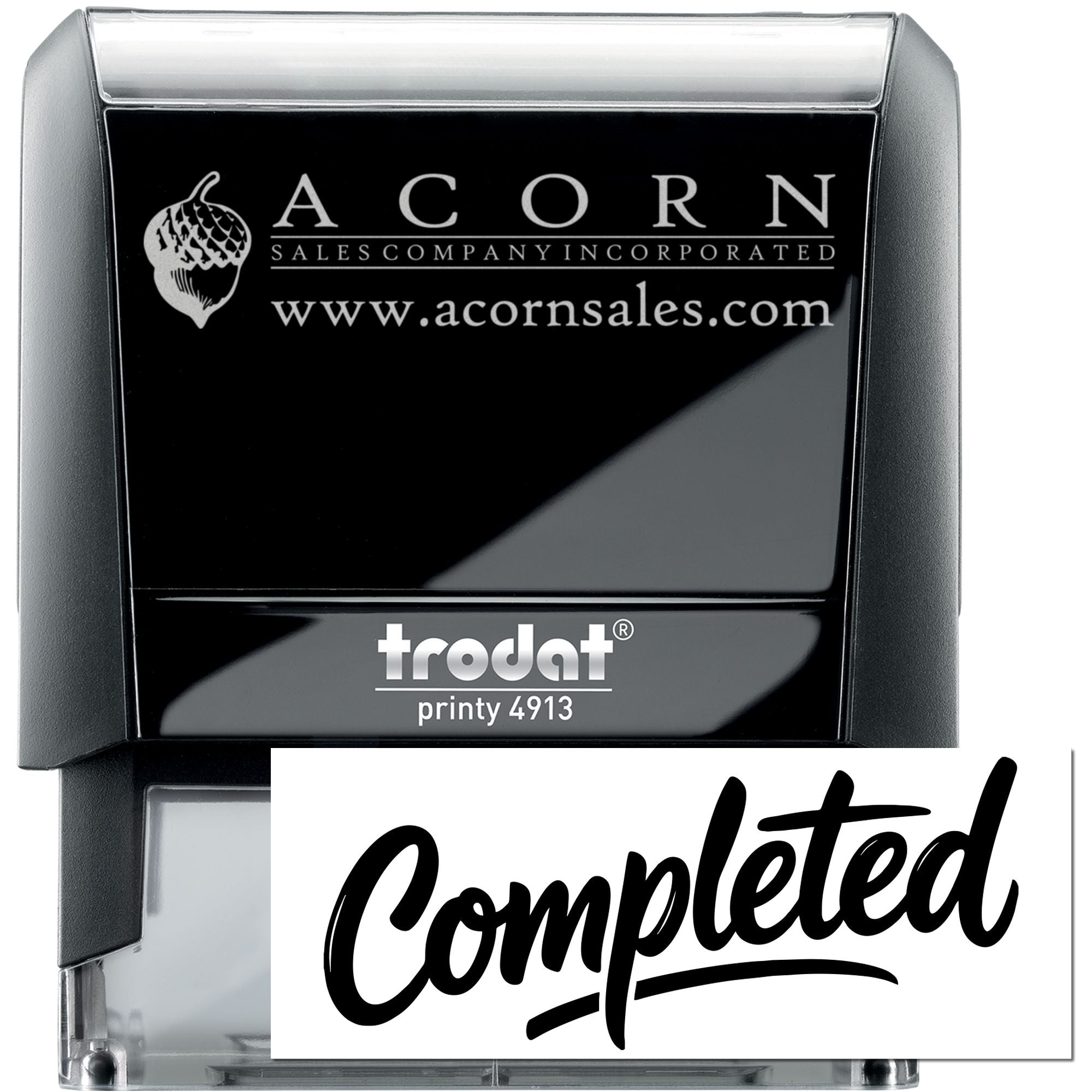 Custom Trodat self-inking rubber stamp with Acorn Sales Company logo and website, shown with completed imprint.