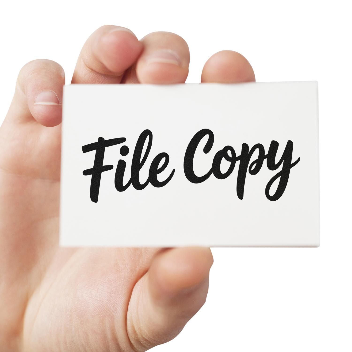 Hand holding File Copy rubber stamp for office document marking, records, and duplicate file labeling.