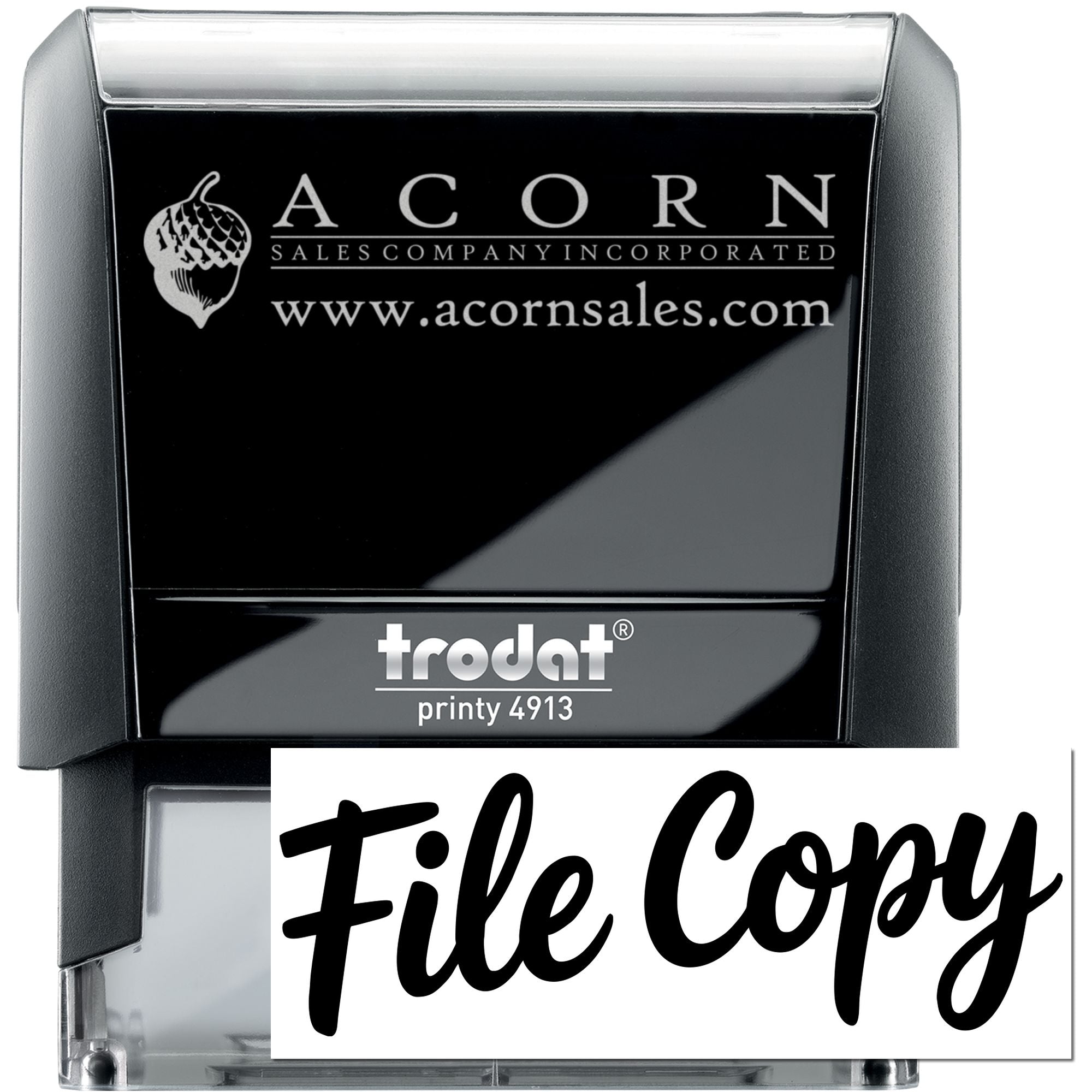 Custom self-inking rubber stamp with Acorn Sales logo, Trodat Printy 4913, for office branding and file copy marking.