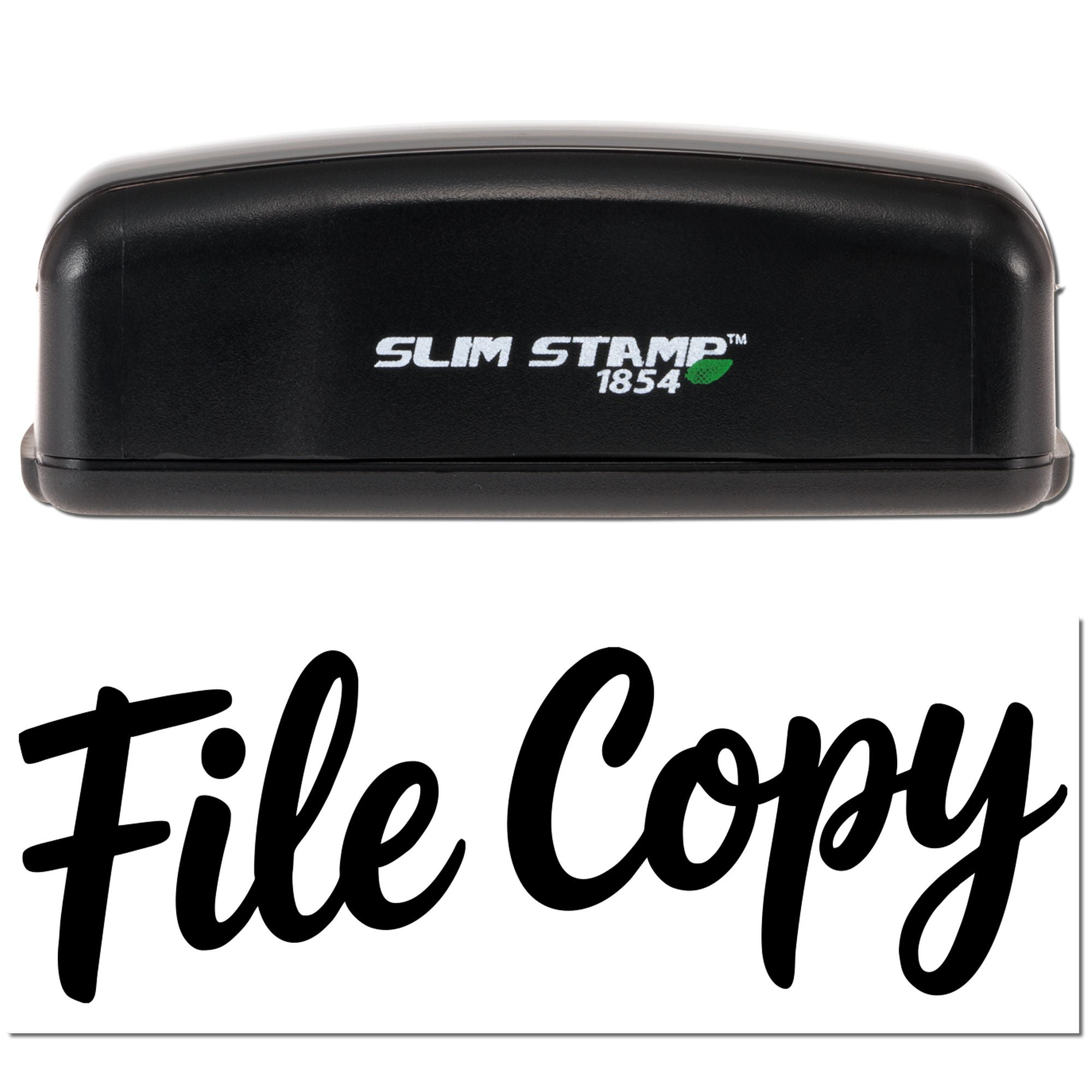 Slim Stamp 1854 self-inking rubber stamp with File Copy imprint for office document labeling.