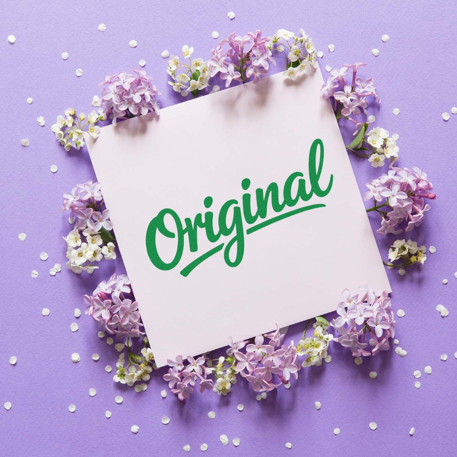 Original script rubber stamp design on floral purple background for custom crafts, branding, and packaging.