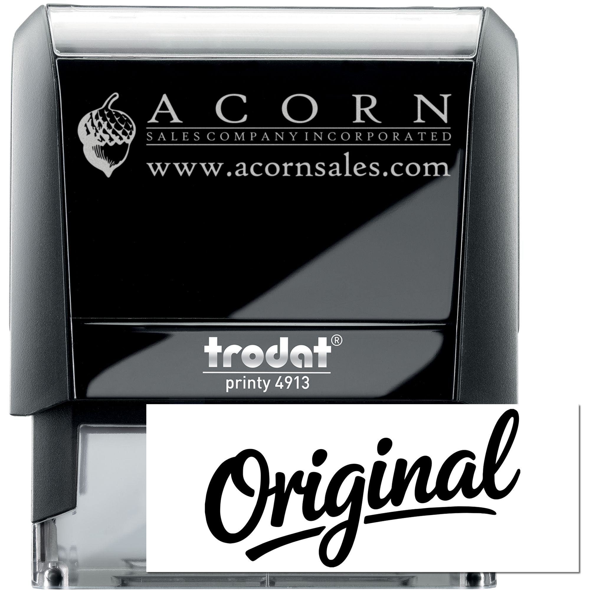 Trodat Printy 4913 self-inking rubber stamp with custom Acorn Sales logo and website, ideal for branded business stamping.