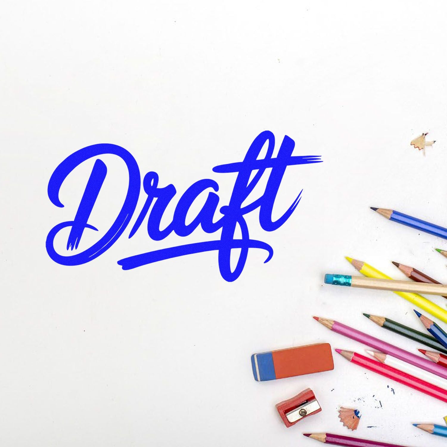 Blue Draft rubber stamp design for document review, with colored pencils on a white background.