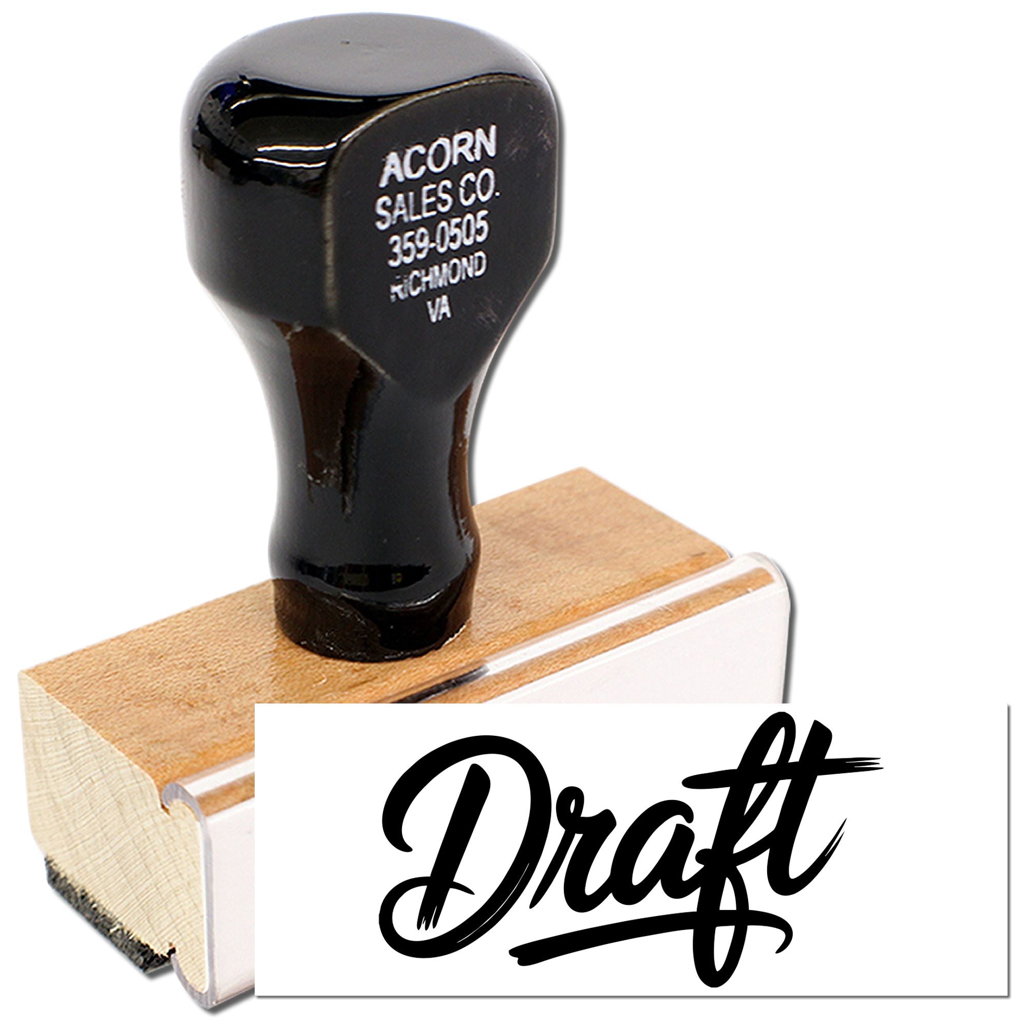 Wood handle rubber stamp with Draft imprint for document review, office paperwork, and approval marking