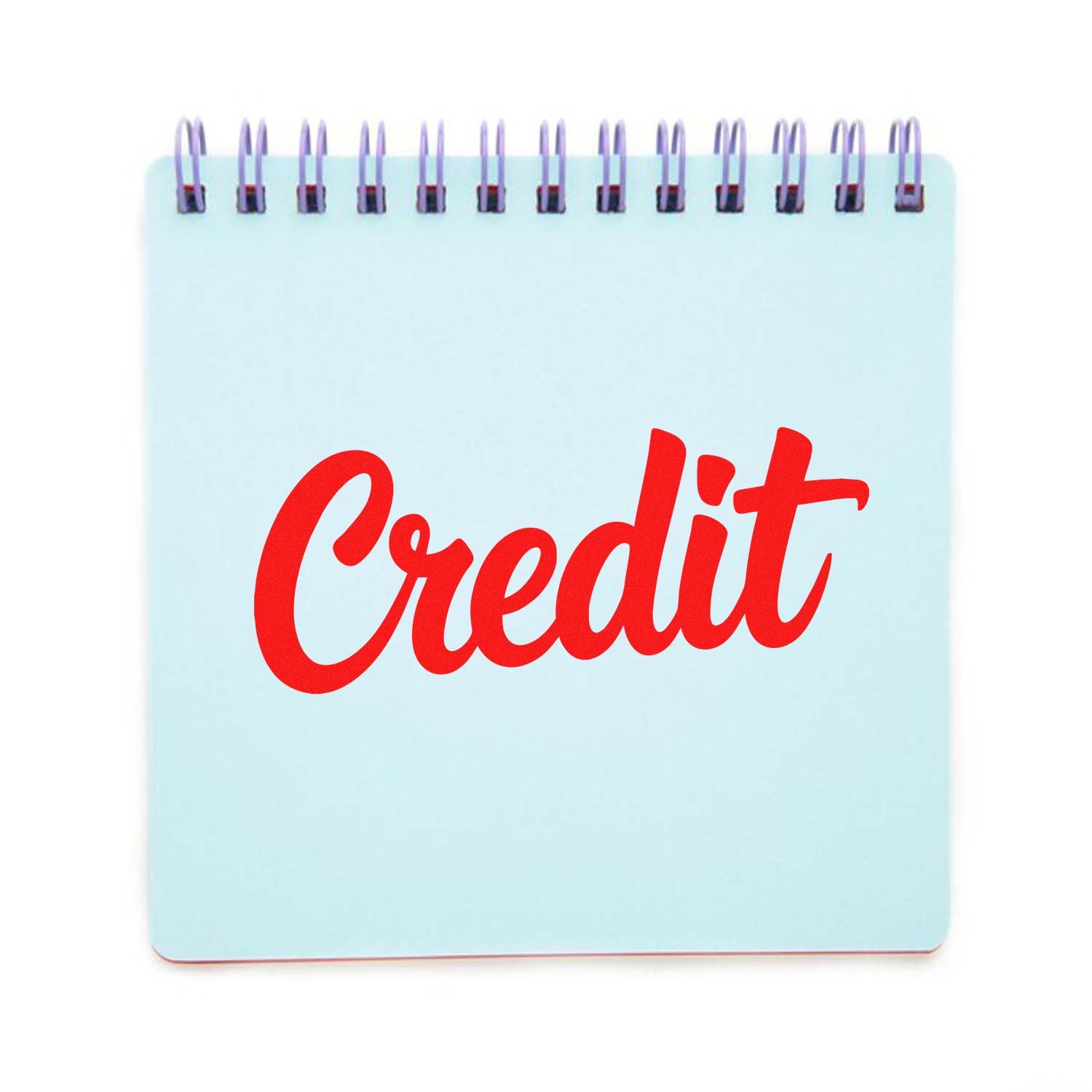 Credit rubber stamp imprint on blue notepad, ideal for office accounting, bookkeeping, and finance documentation.