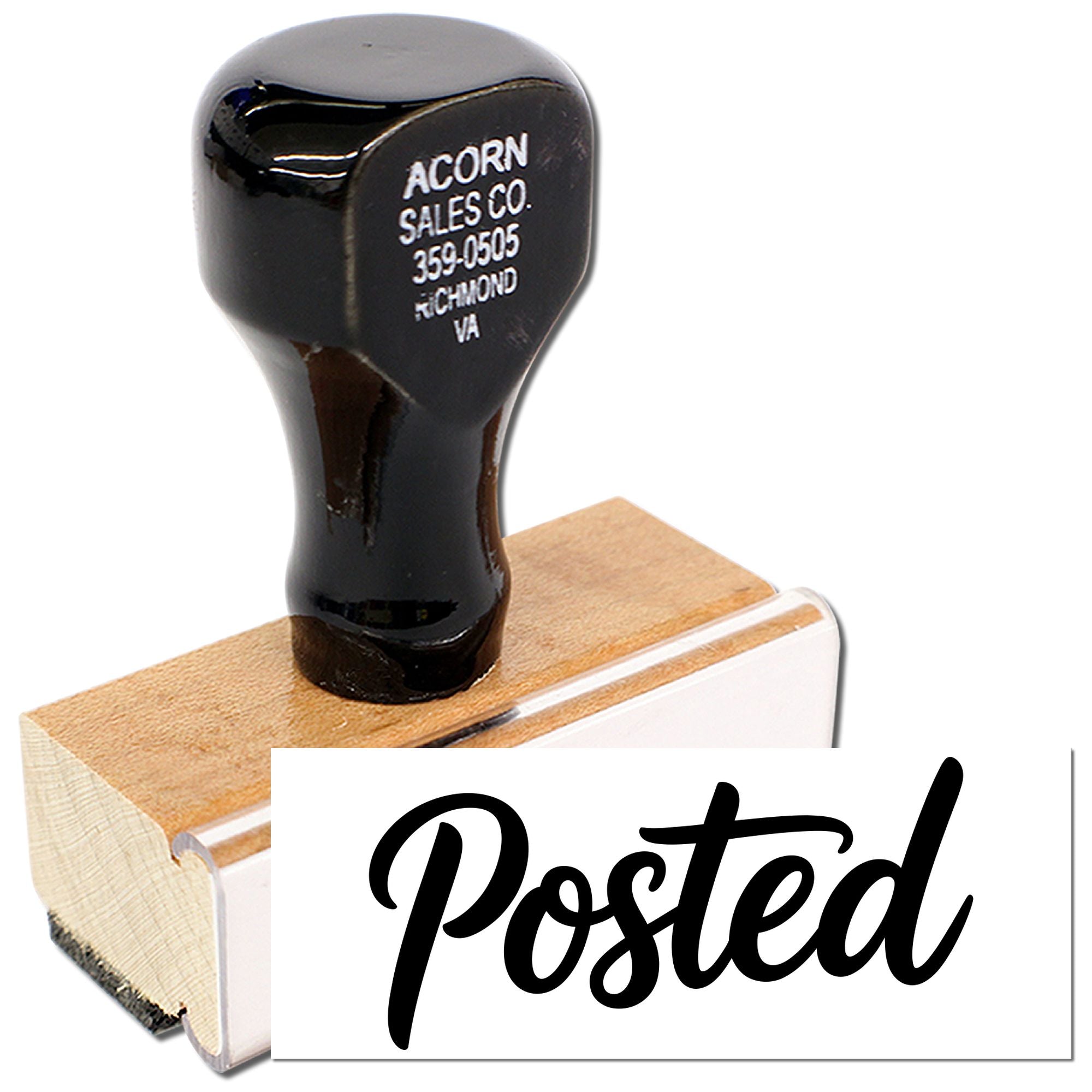 Wooden handle custom rubber stamp with Posted impression for office mail, documents, and business use.