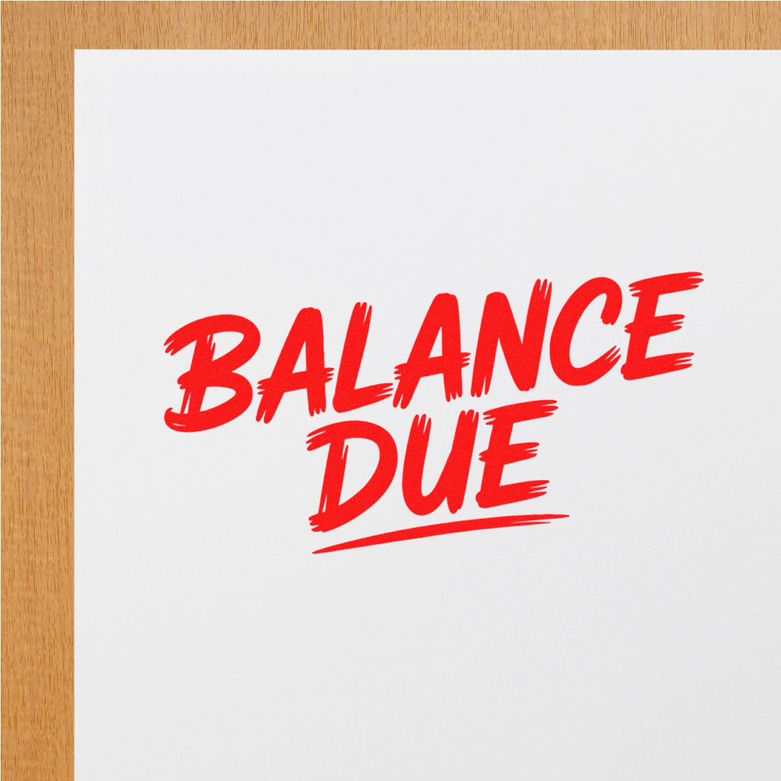 Red Balance Due rubber stamp imprint on white paper for invoices, billing, and accounting notices.