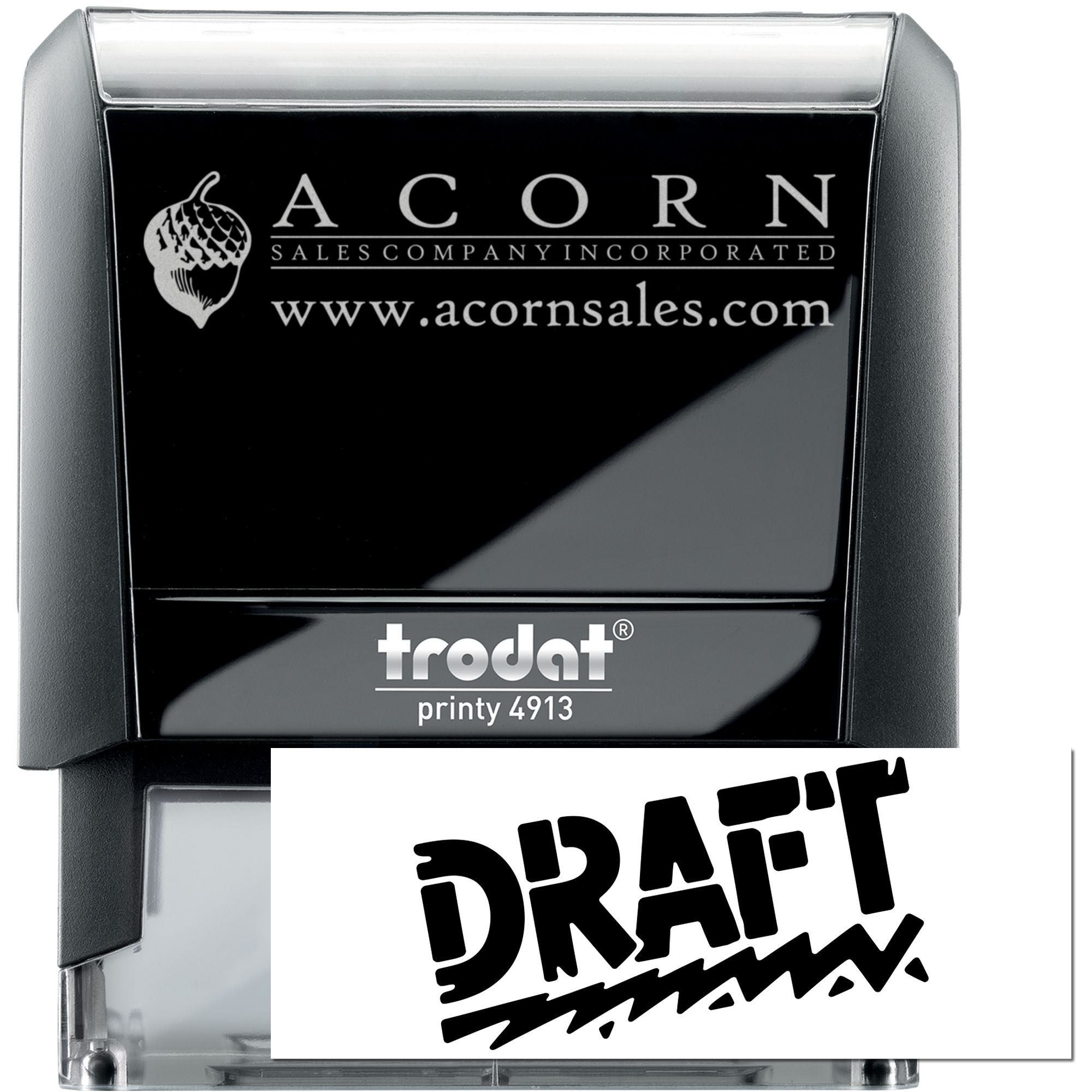Custom Trodat Printy 4913 self-inking rubber stamp with Acorn Sales logo, website and draft imprint