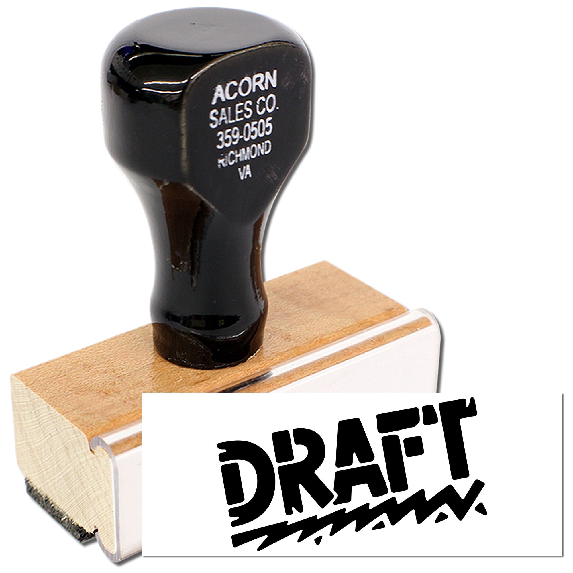 Custom DRAFT rubber stamp with wooden handle for marking documents, proofs, and approvals.