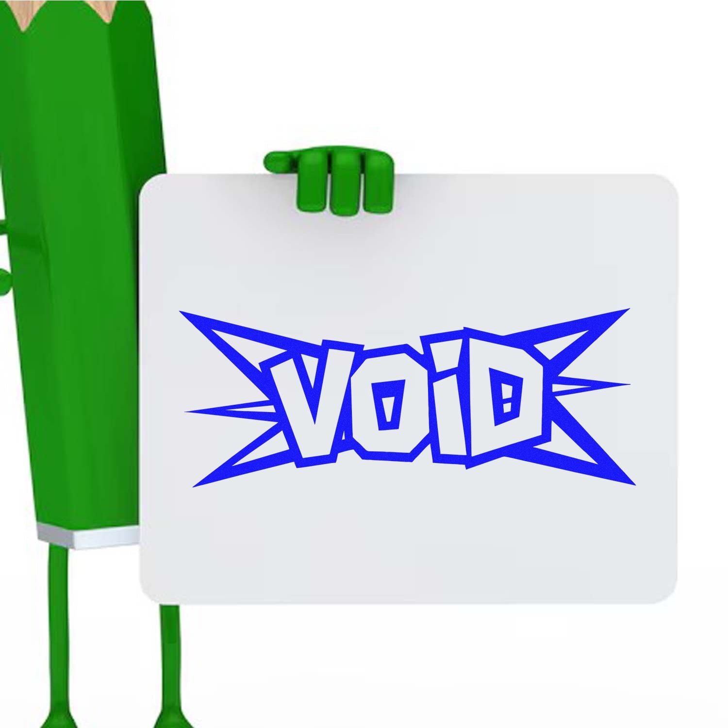 Void rubber stamp design with bold blue graffiti lettering held by a green character for marking documents invalid.