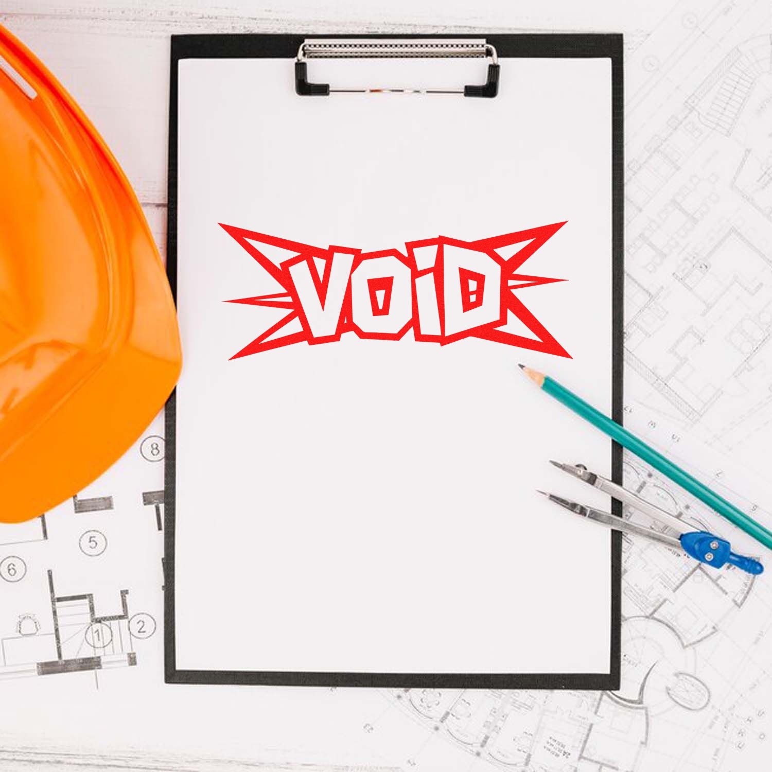 VOID rubber stamp on clipboard with construction blueprints, hard hat and drafting tools for document cancellation.