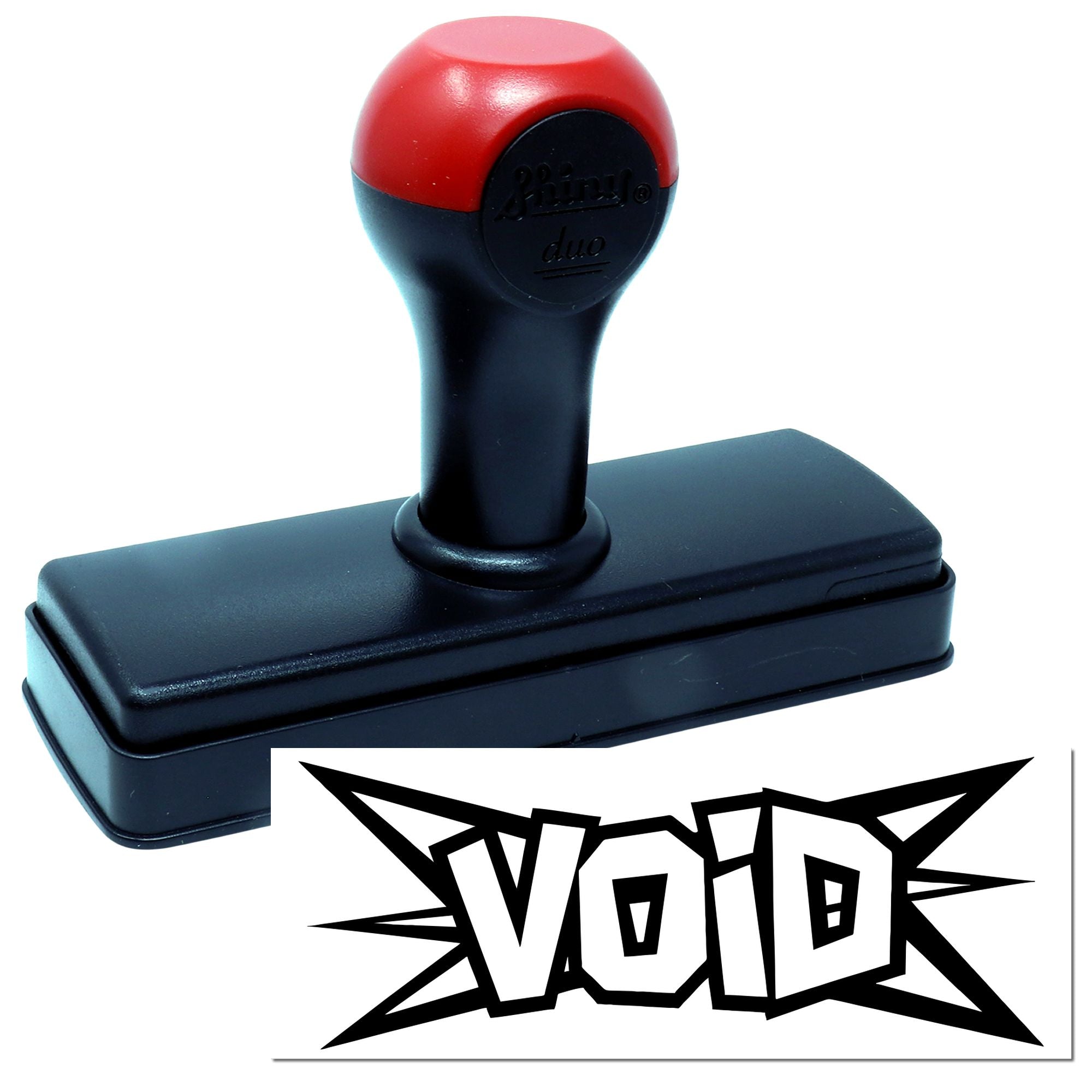 Self-inking rubber stamp with red handle and bold VOID imprint for document cancellation and security marking
