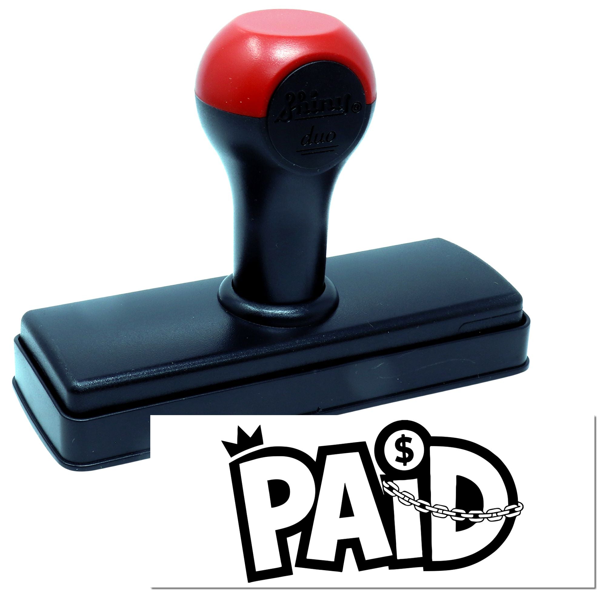 Custom self-inking PAID rubber stamp for accounting, invoice approval, and payment processing.