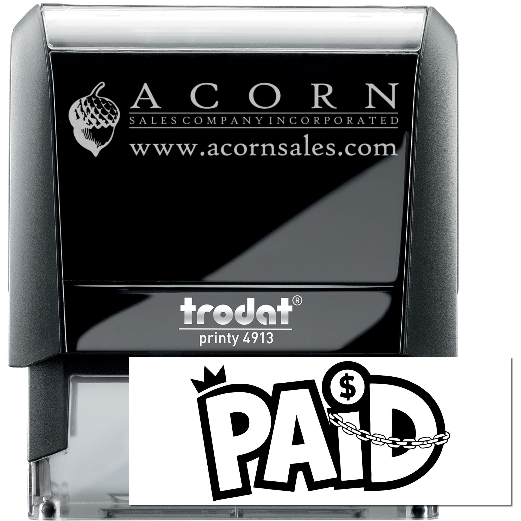 Custom self-inking rubber stamp, Trodat Printy 4913, with Acorn Sales Company logo and paid imprint for business document processing.