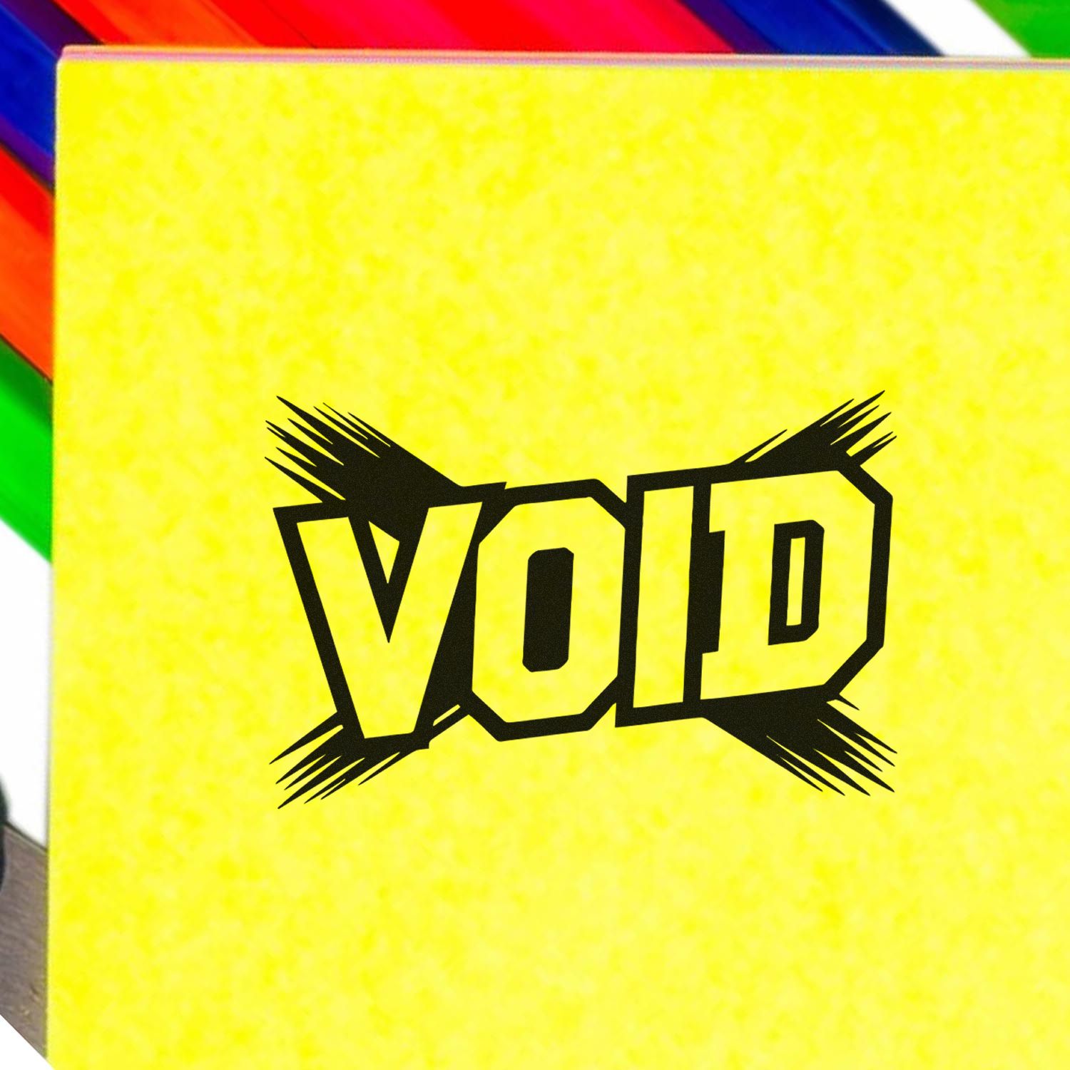 VOID rubber stamp design on yellow background, bold black stamp graphic for marking documents, packaging, and labeling.