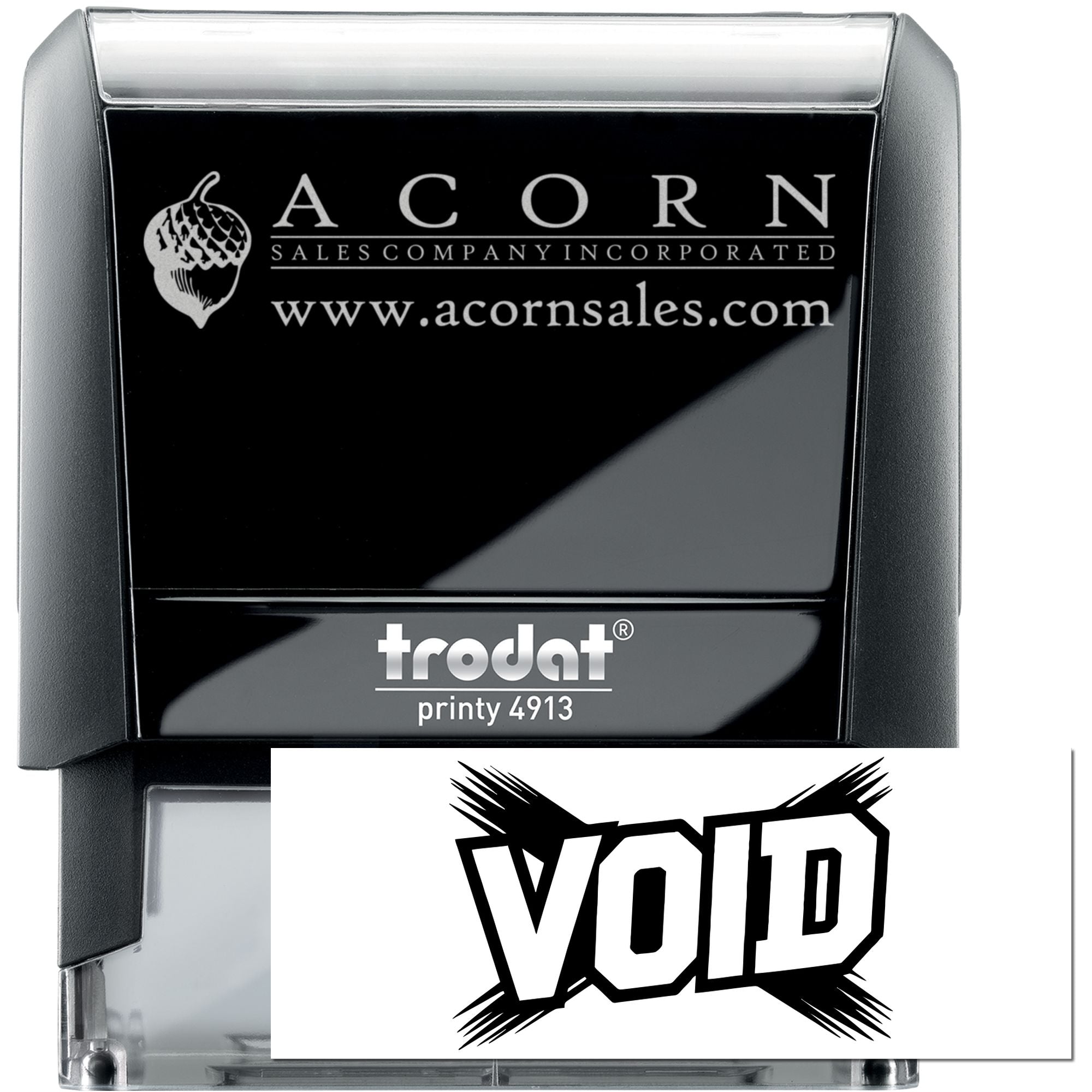 Custom self-inking rubber stamp with VOID imprint, Trodat Printy 4913, ideal for business document marking and logo stamping.