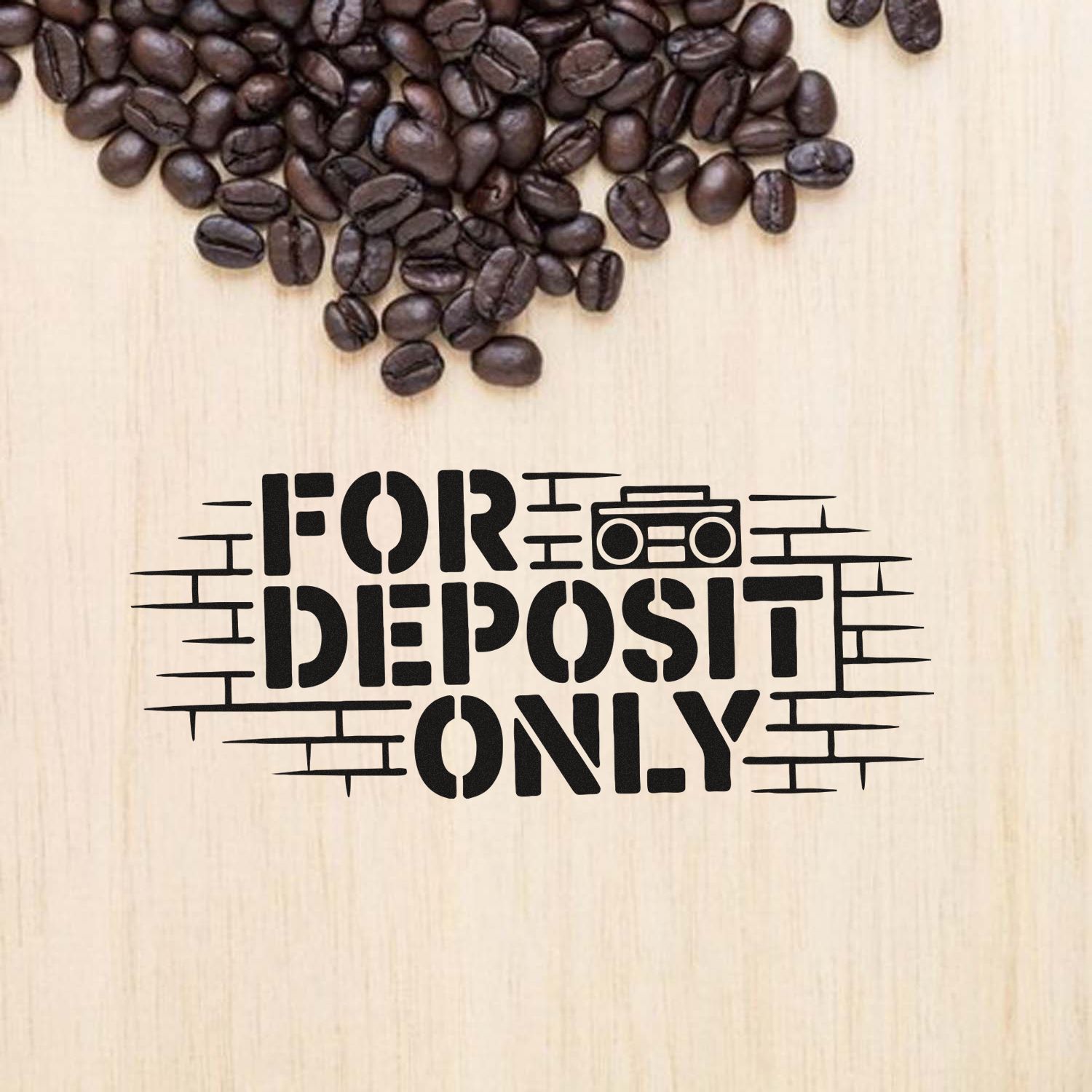 For Deposit Only custom rubber stamp design with coffee beans for banking and business deposit endorsement.