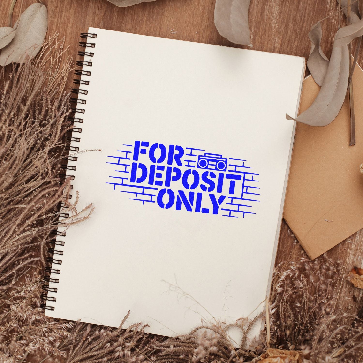 For Deposit Only rubber stamp on spiral notebook, ideal for bank deposit endorsement and business check processing.