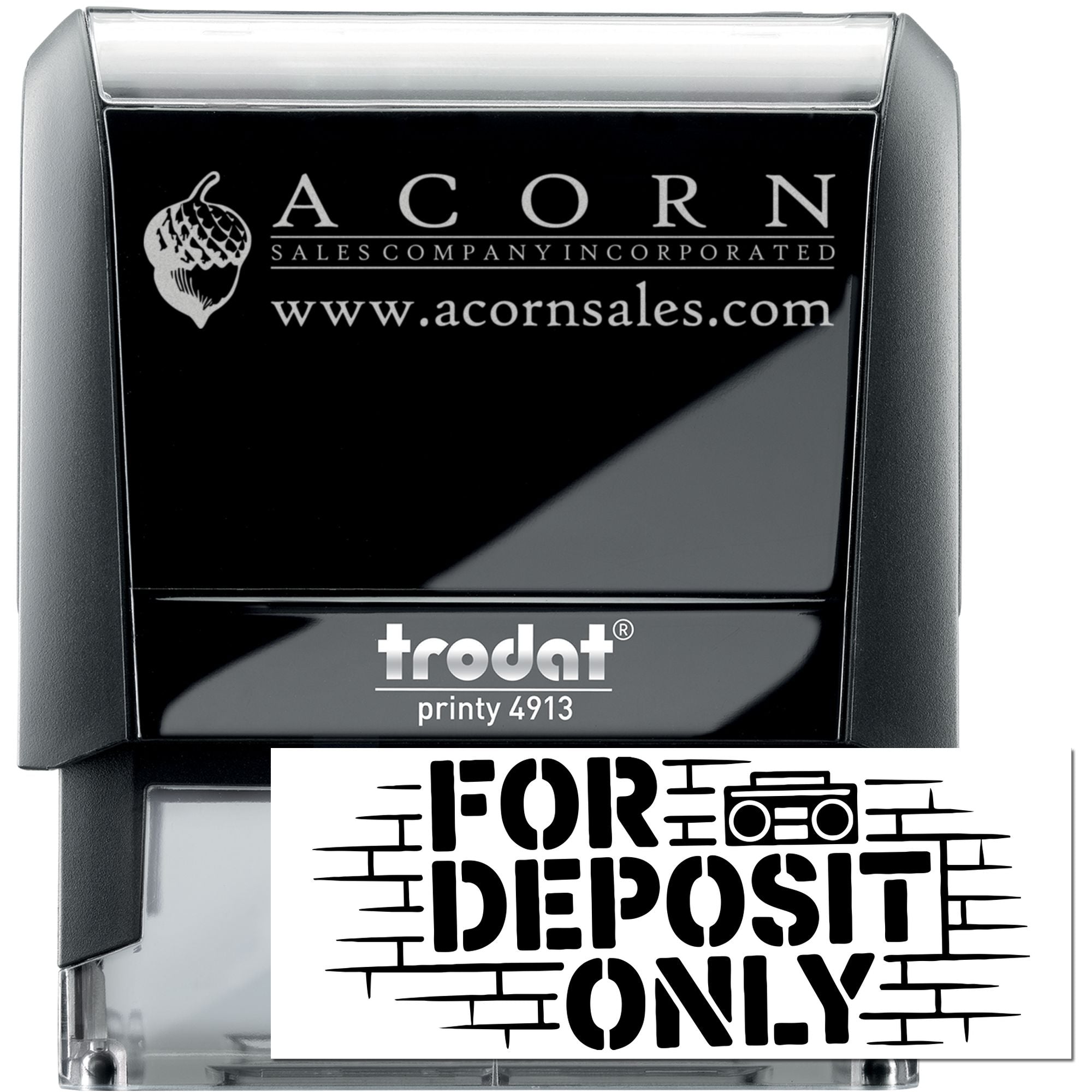 Trodat Printy 4913 self-inking rubber stamp with custom Acorn Sales logo and For Deposit Only bank endorsement stamp.