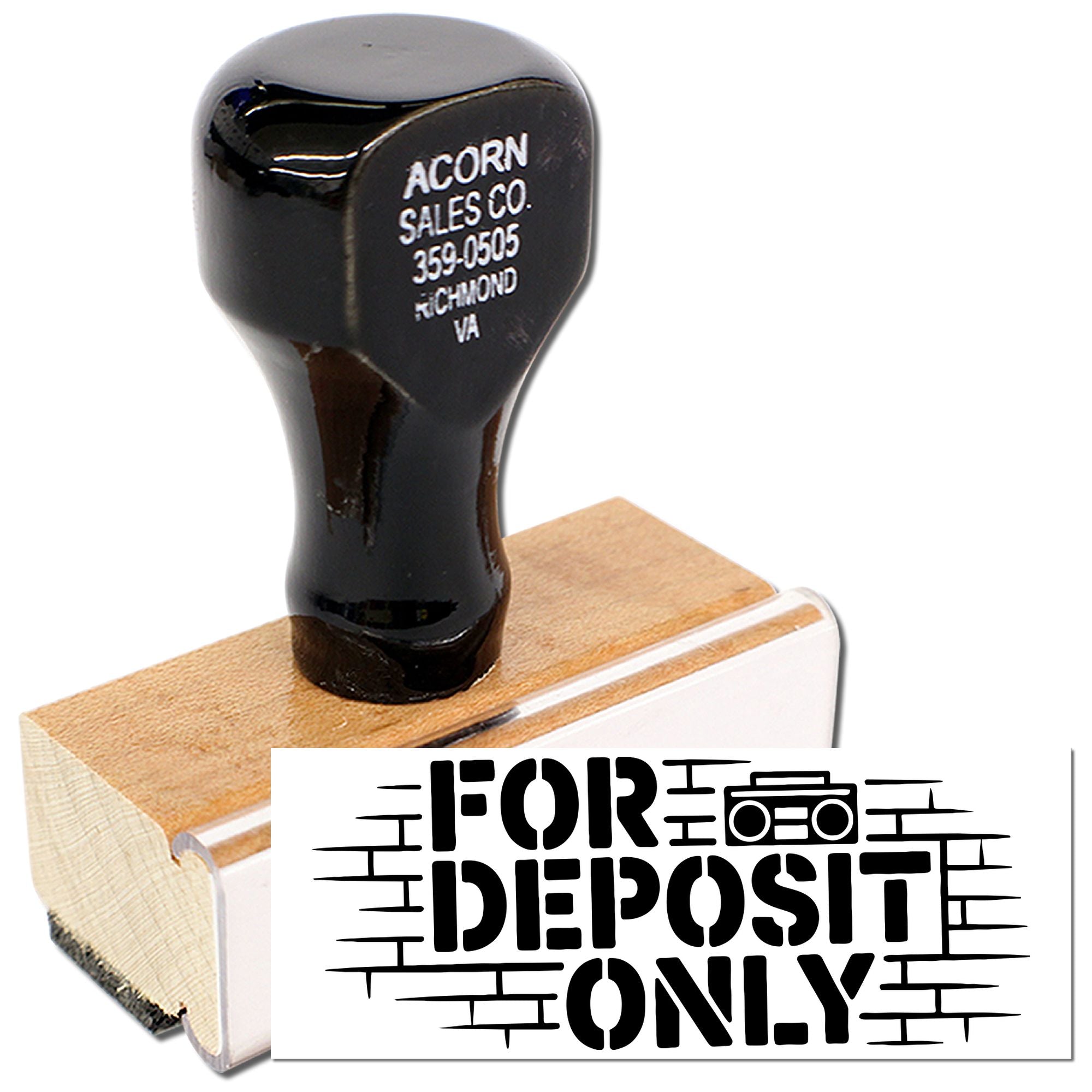Custom rubber stamp with wooden handle showing For Deposit Only bank endorsement for business checks.