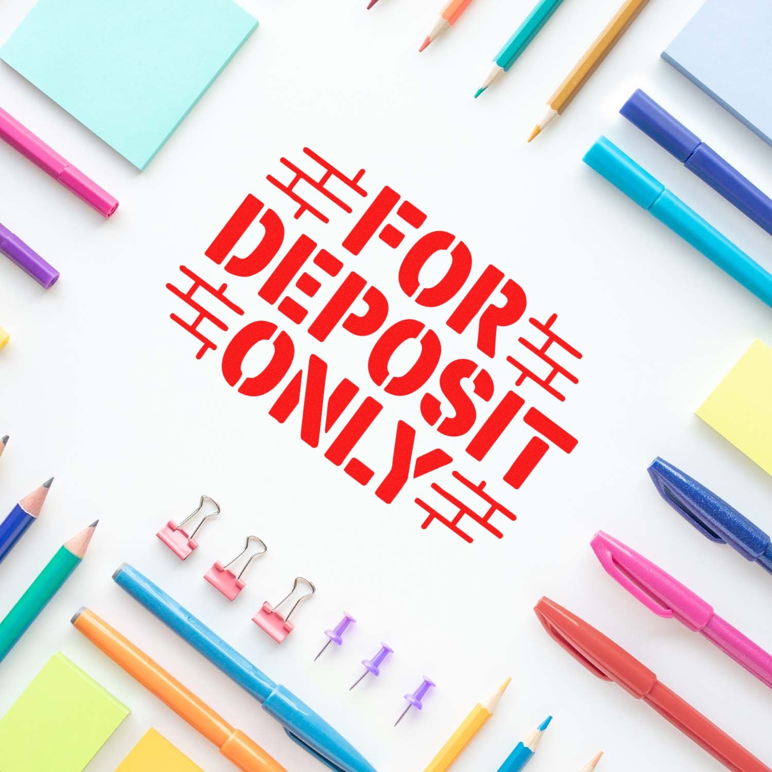 Red rubber stamp reading For Deposit Only on white paper, ideal for business banking endorsements and check processing.