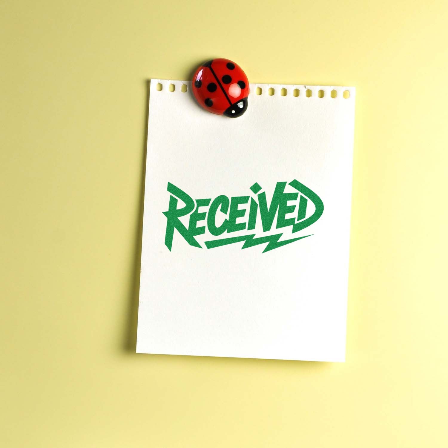 Green RECEIVED rubber stamp on note paper, clipped with a ladybug magnet for office mail processing.
