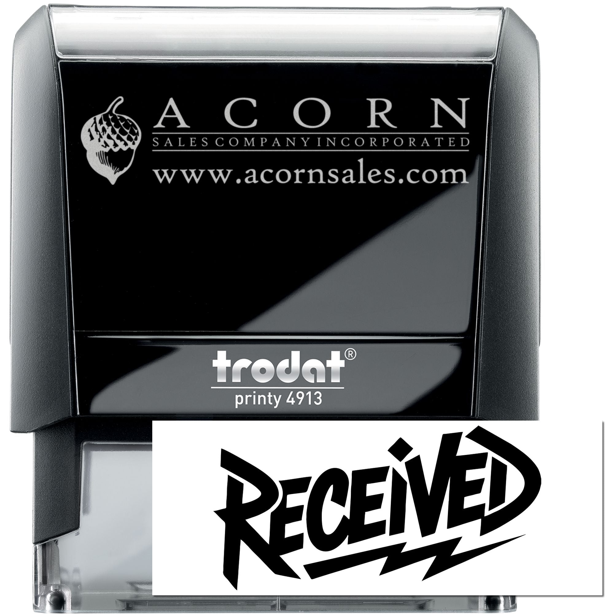 Custom self-inking rubber stamp with Acorn Sales Company logo and Received imprint, Trodat Printy 4913.