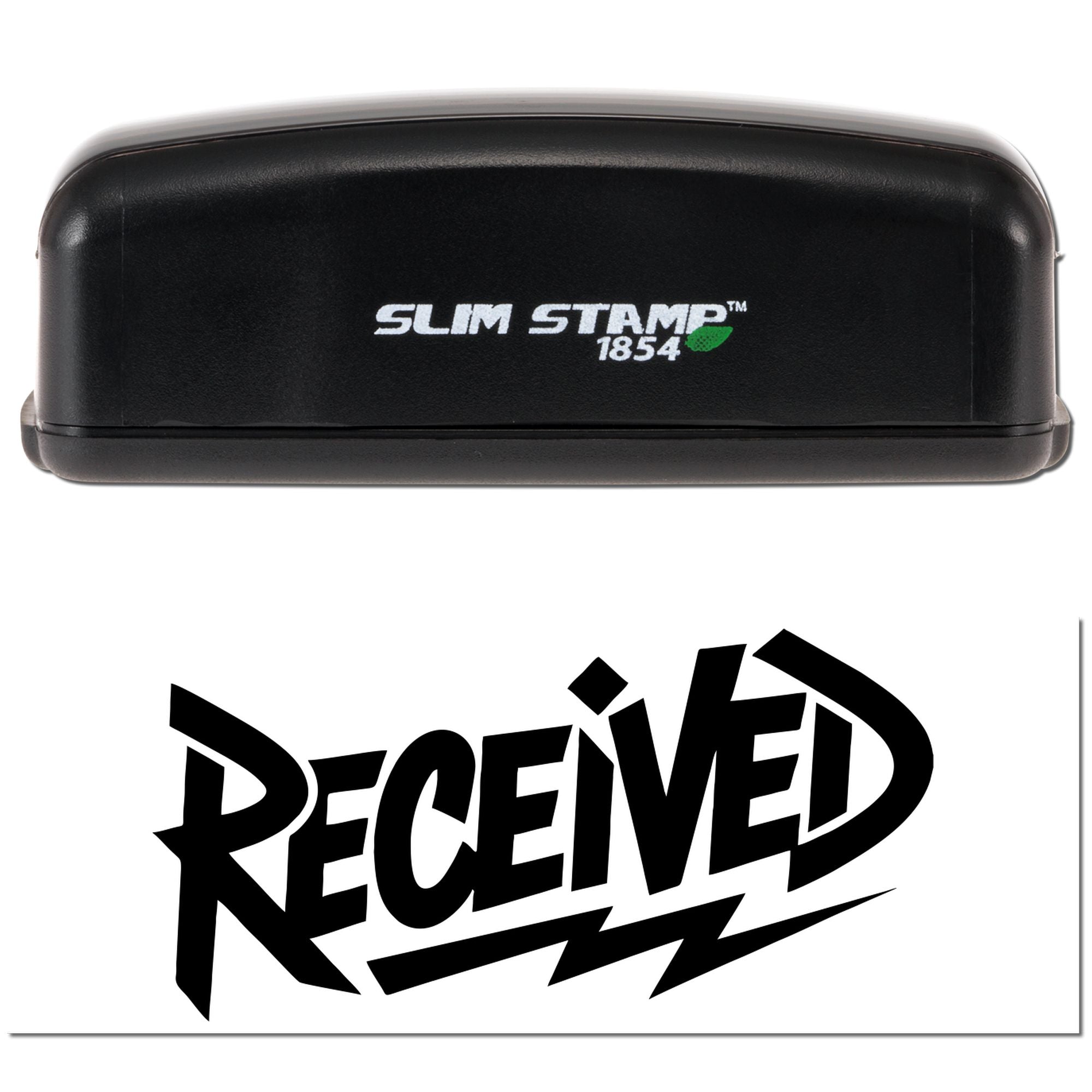 Slim Stamp 1854 self-inking rubber stamp with bold RECEIVED imprint for office mail, document approval, and recordkeeping.