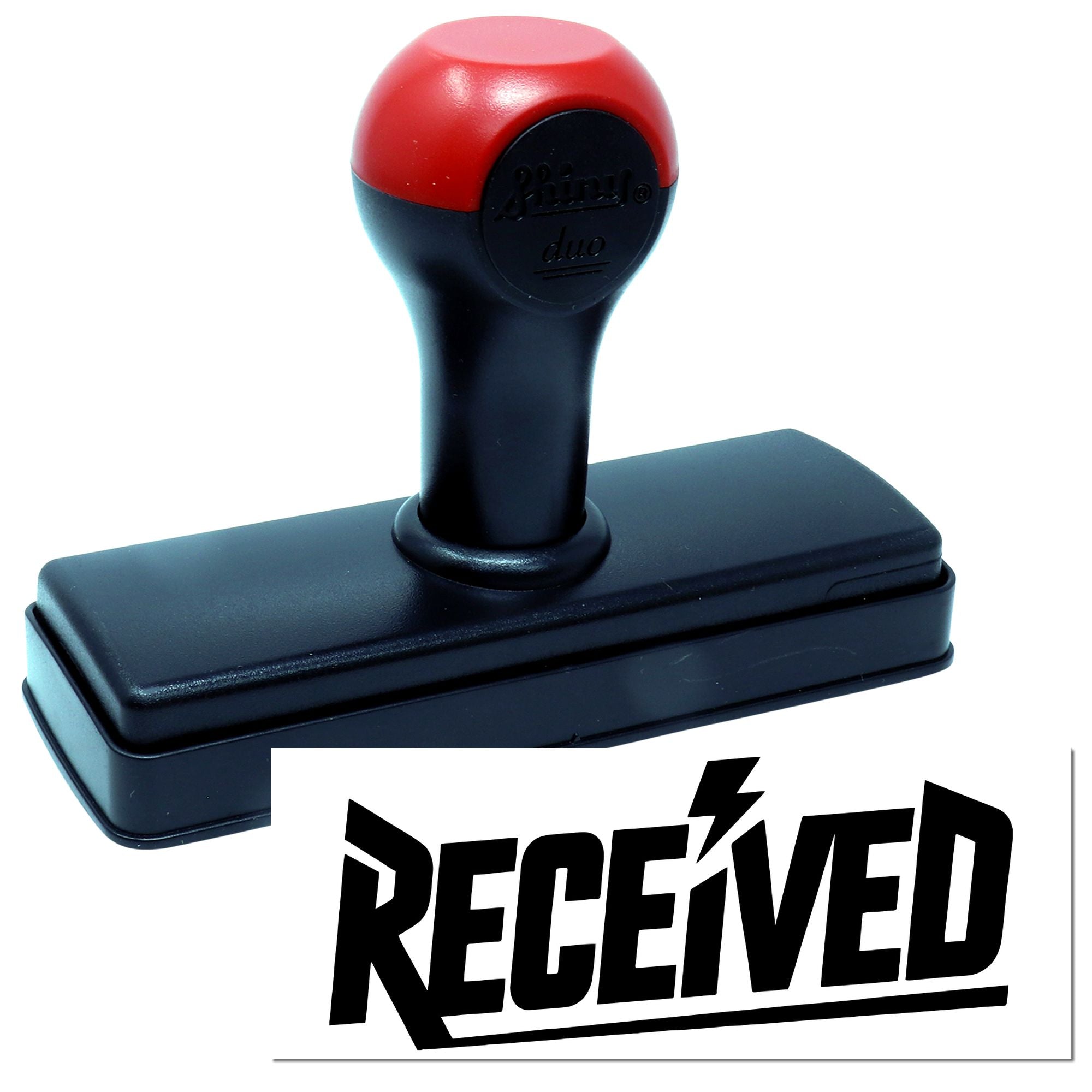 Custom self-inking rubber stamp with RECEIVED imprint for office mail processing and document approval.