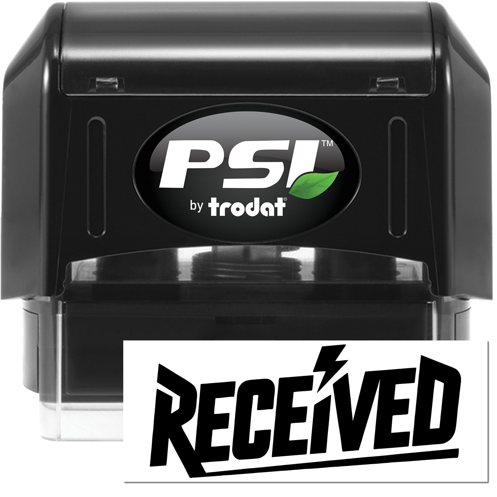 PSI by Trodat self-inking rubber stamp with bold RECEIVED imprint for office mail, approvals, and document tracking.