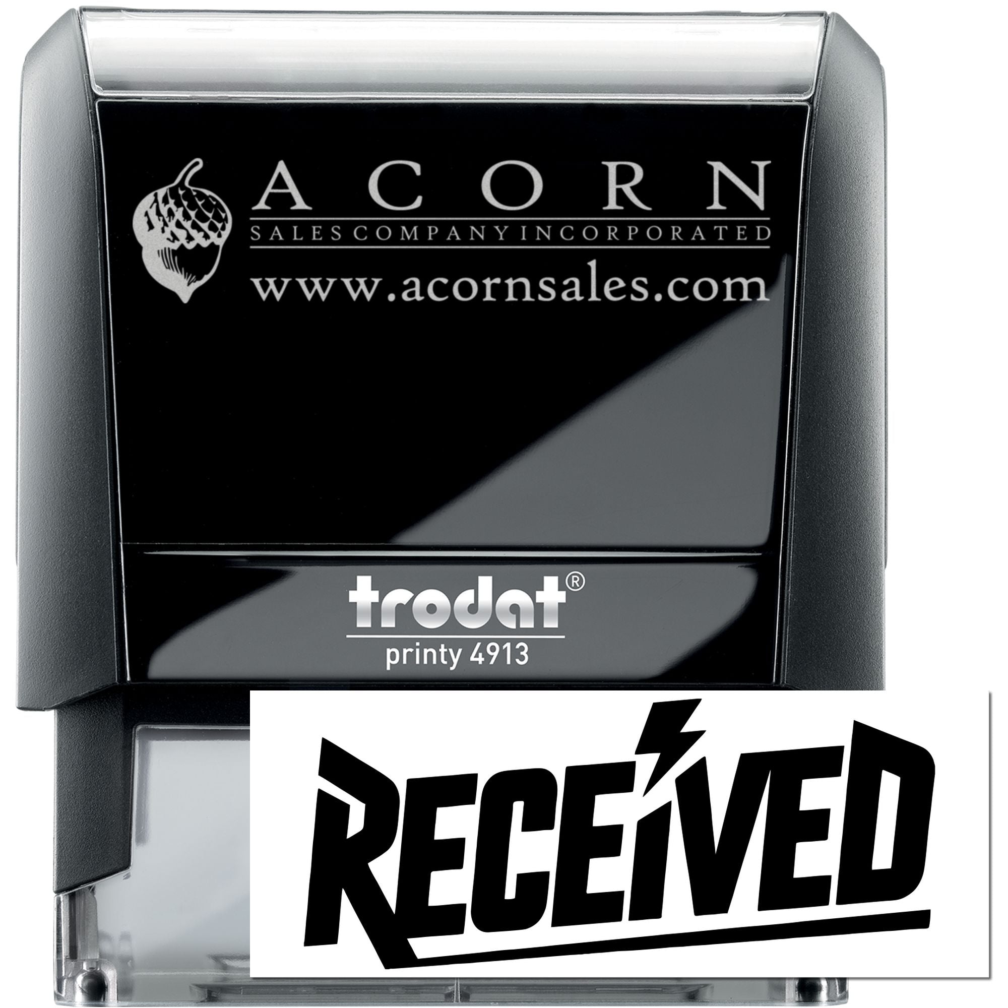 Custom self-inking rubber stamp with Acorn Sales Company logo and RECEIVED imprint for office mail processing.