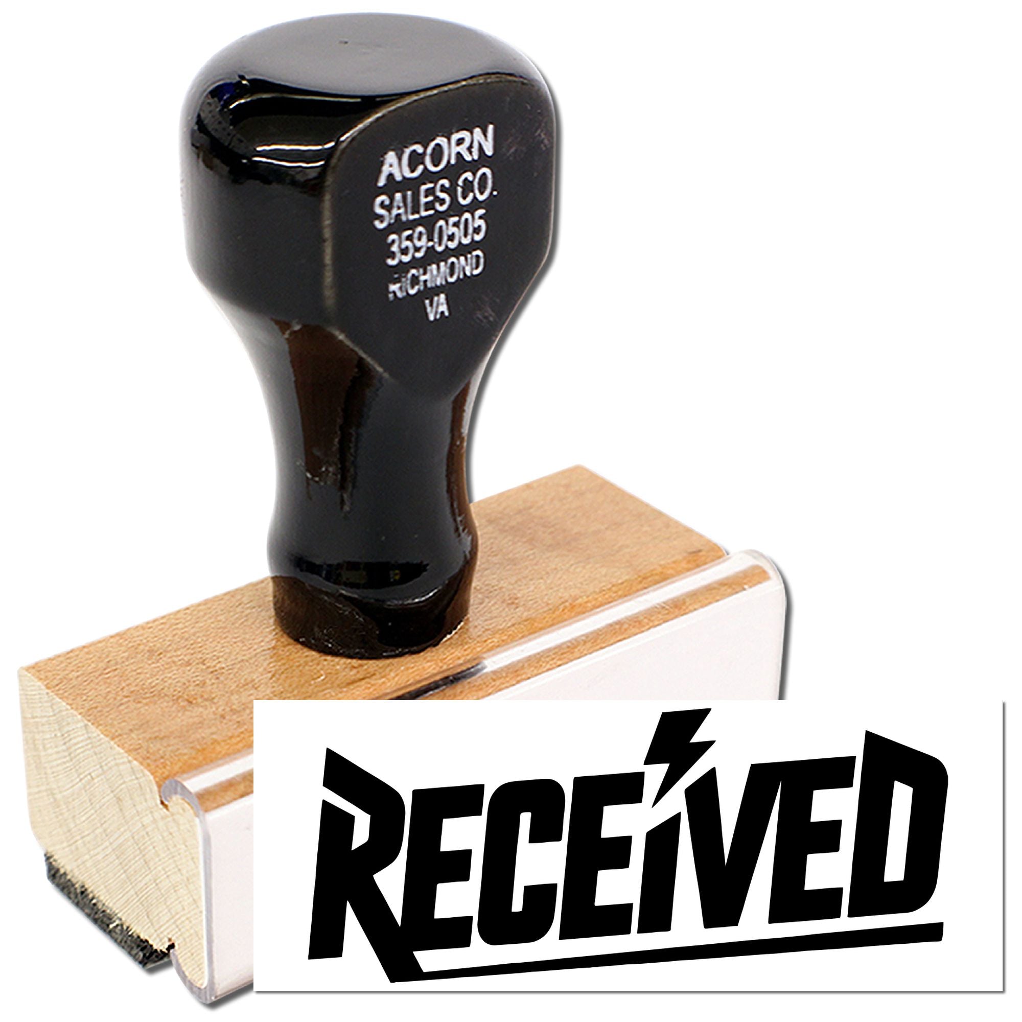 Custom RECEIVED rubber stamp with wooden handle, ideal for marking incoming mail, documents, and office paperwork.
