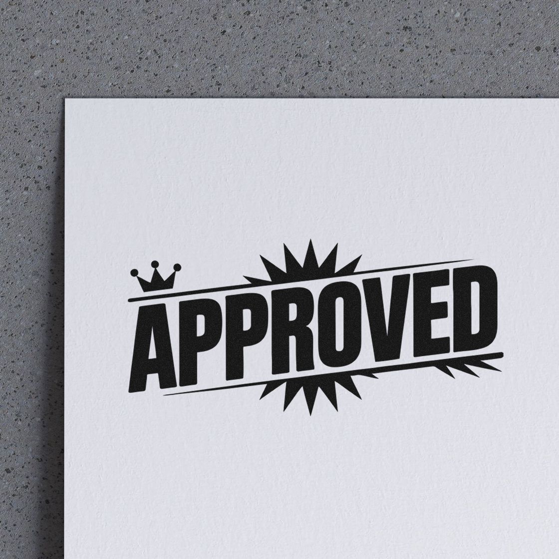 Approved rubber stamp imprint on paper for business document approval, office workflows, and custom stamp branding.