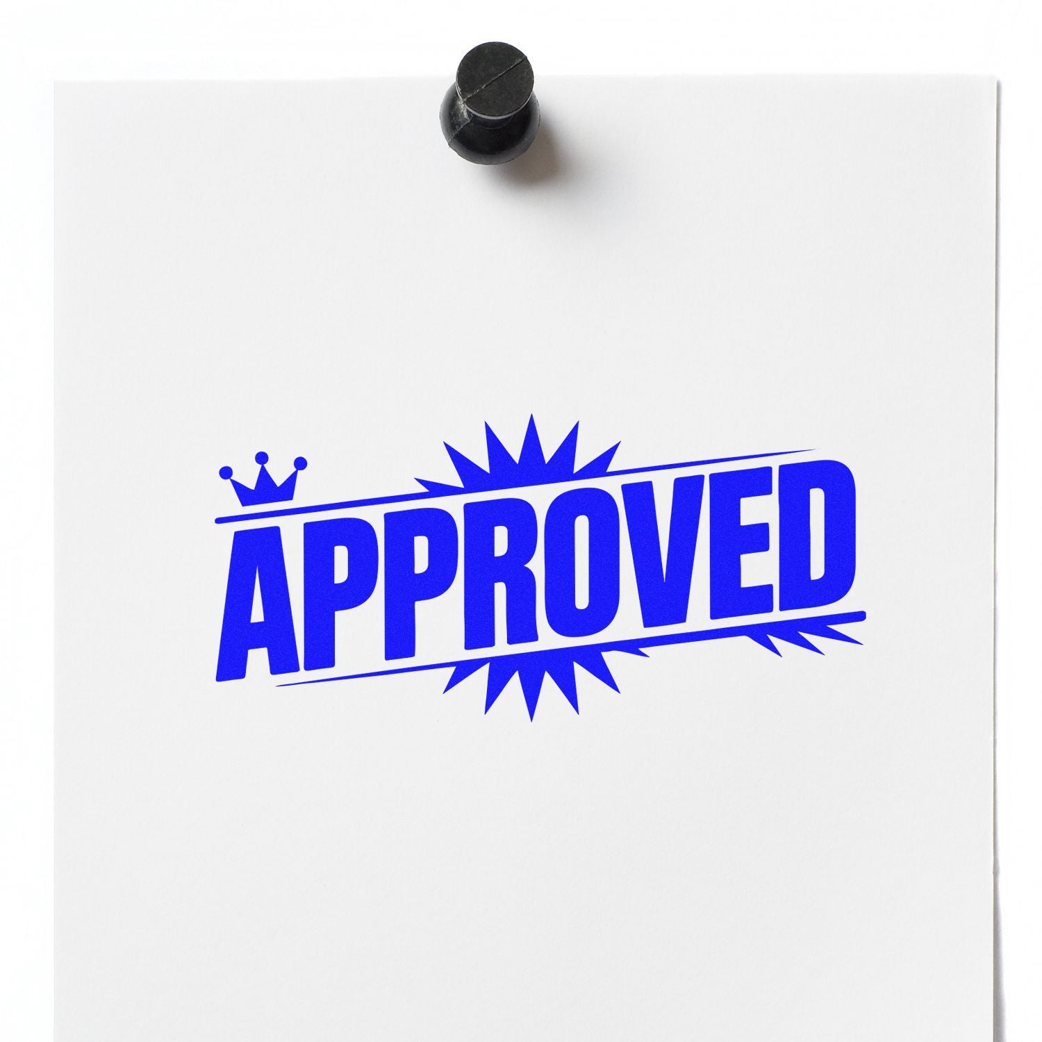 Approved rubber stamp imprint in blue on white paper, with black stamp handle