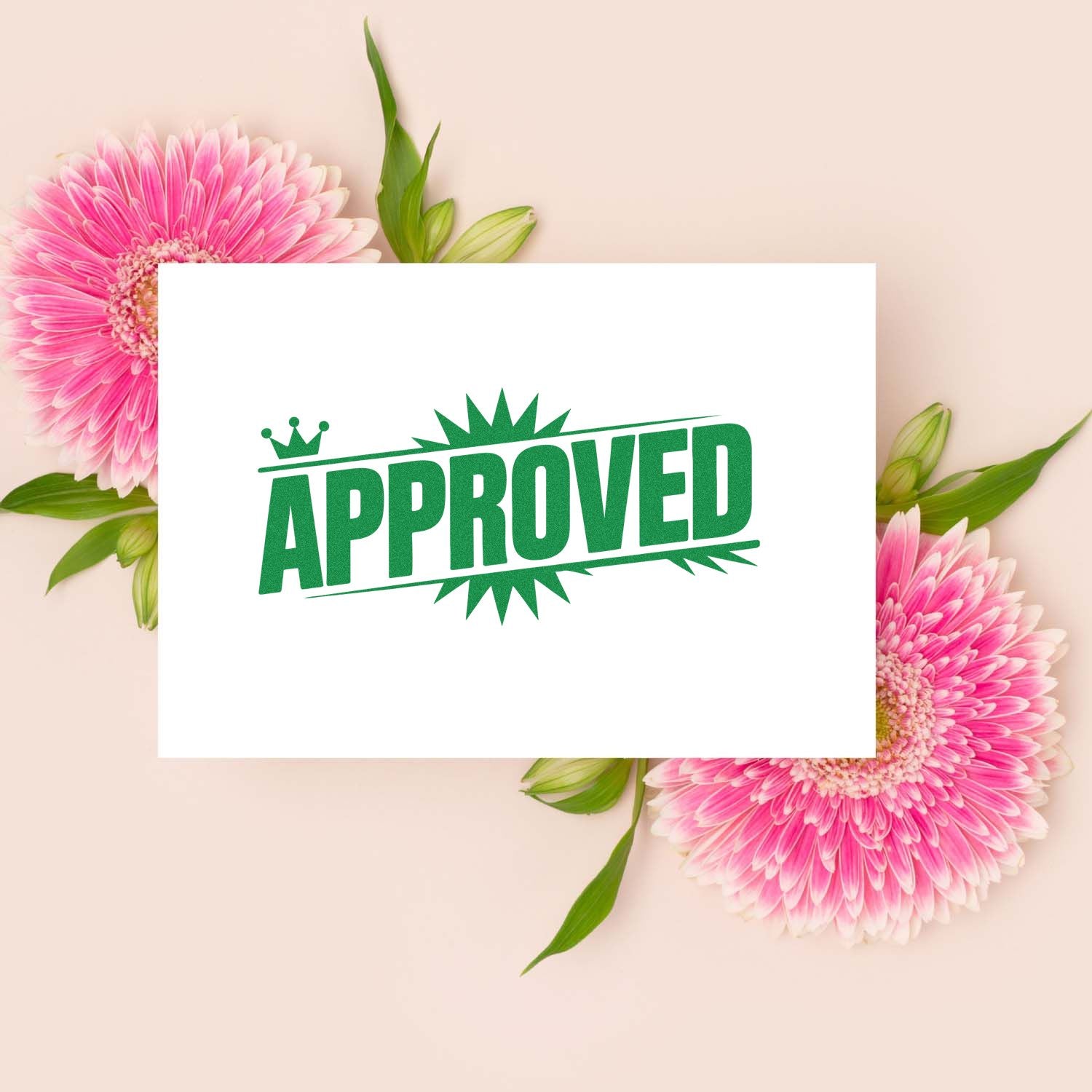 Bold green APPROVED rubber stamp for documents, featuring a decorative floral background and approval seal design.