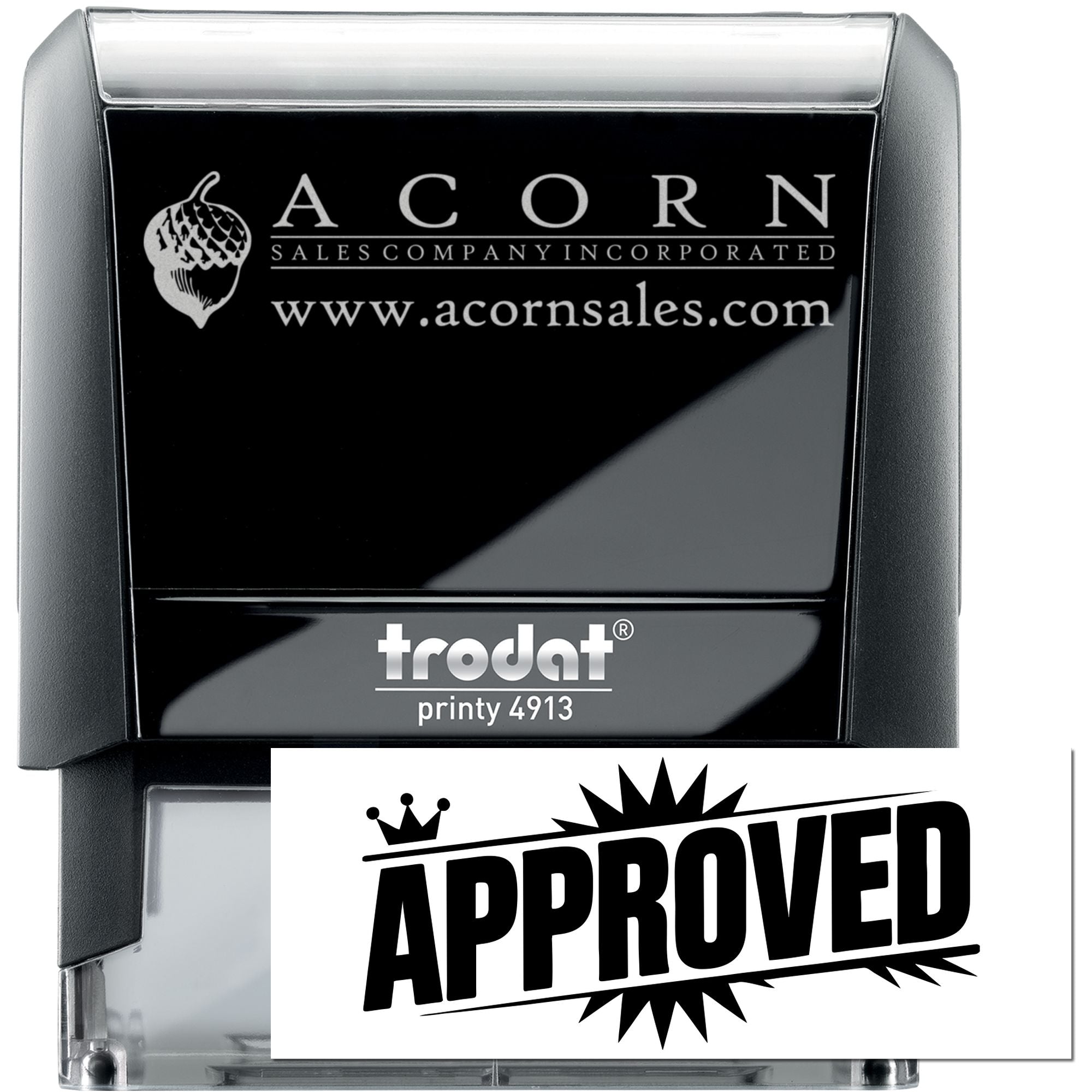 Custom self-inking rubber stamp, Trodat Printy 4913, with Acorn Sales logo and Approved imprint for business documents