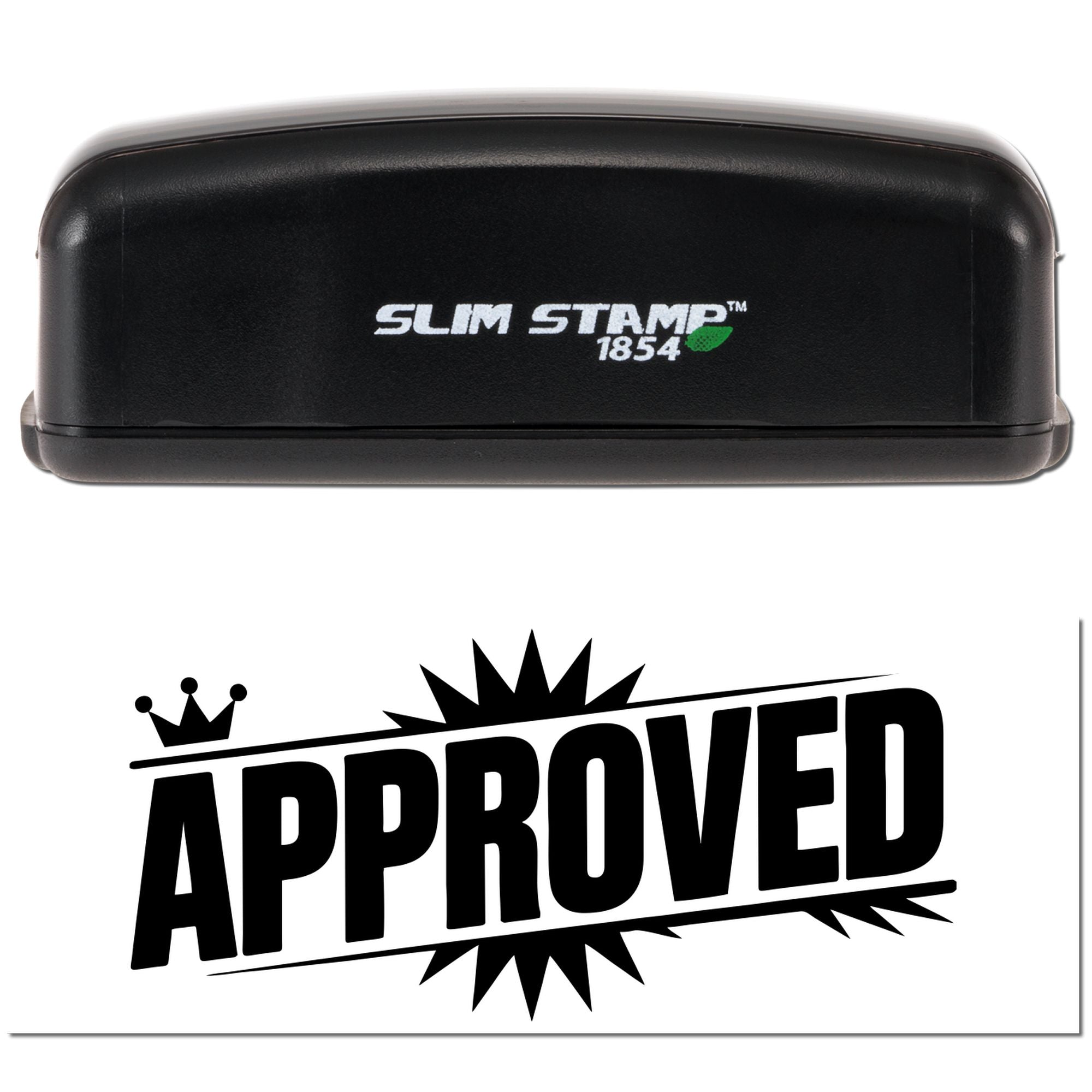 Slim Stamp 1854 rubber stamp with bold APPROVED imprint, ideal for custom office approval stamps and document marking.